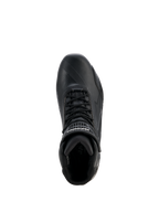 Alpinestars Scarpe Stella Faster-4 Drystar® da donna, scarpe da moto, nero e argento, vista dall'alto che mostra la chiusura con lacci, il cinturino in velcro alla caviglia e la costruzione in microfibra impermeabile