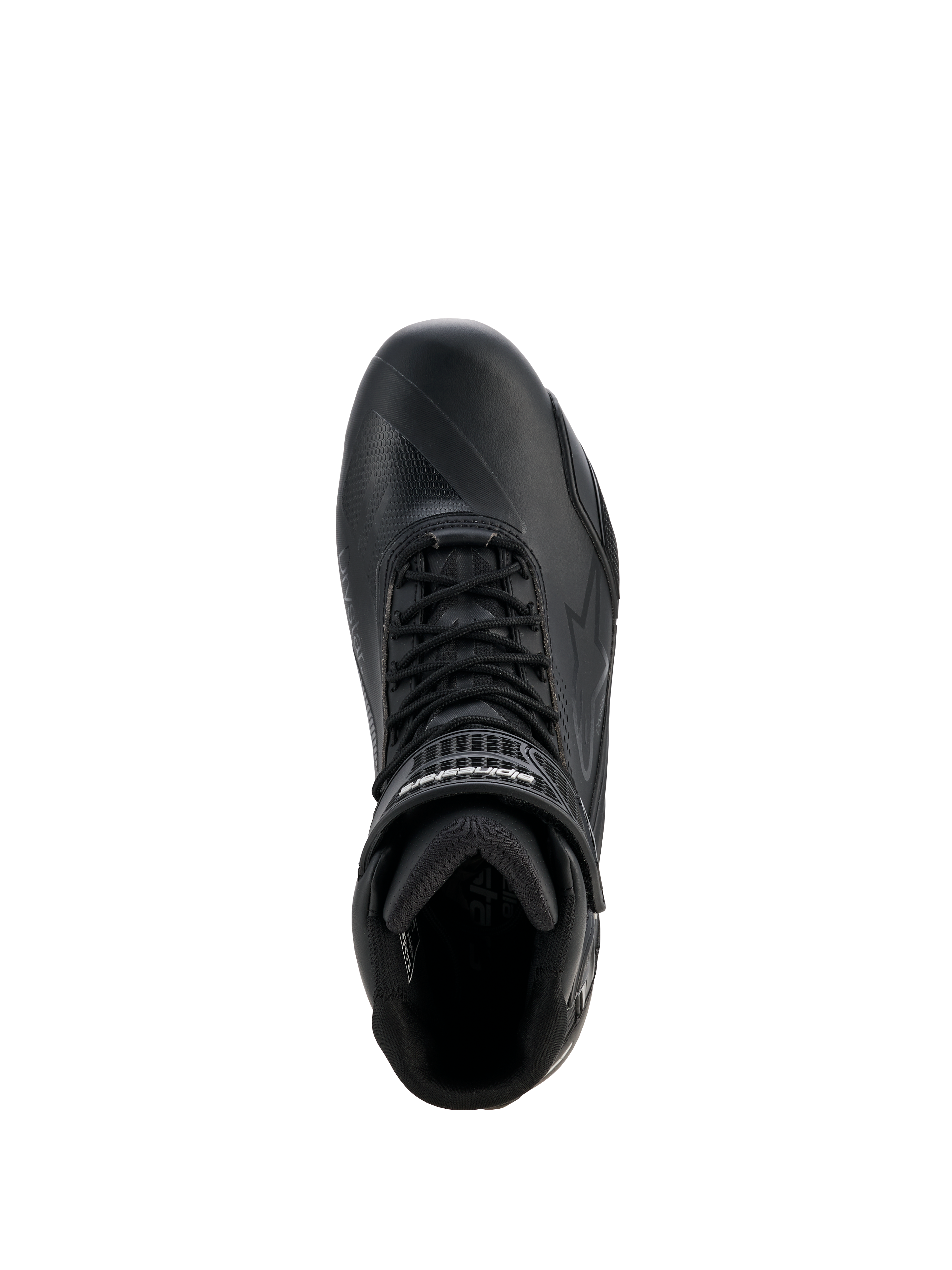 Alpinestars Scarpe Stella Faster-4 Drystar® da donna, scarpe da moto, nero e argento, vista dall'alto che mostra la chiusura con lacci, il cinturino in velcro alla caviglia e la costruzione in microfibra impermeabile