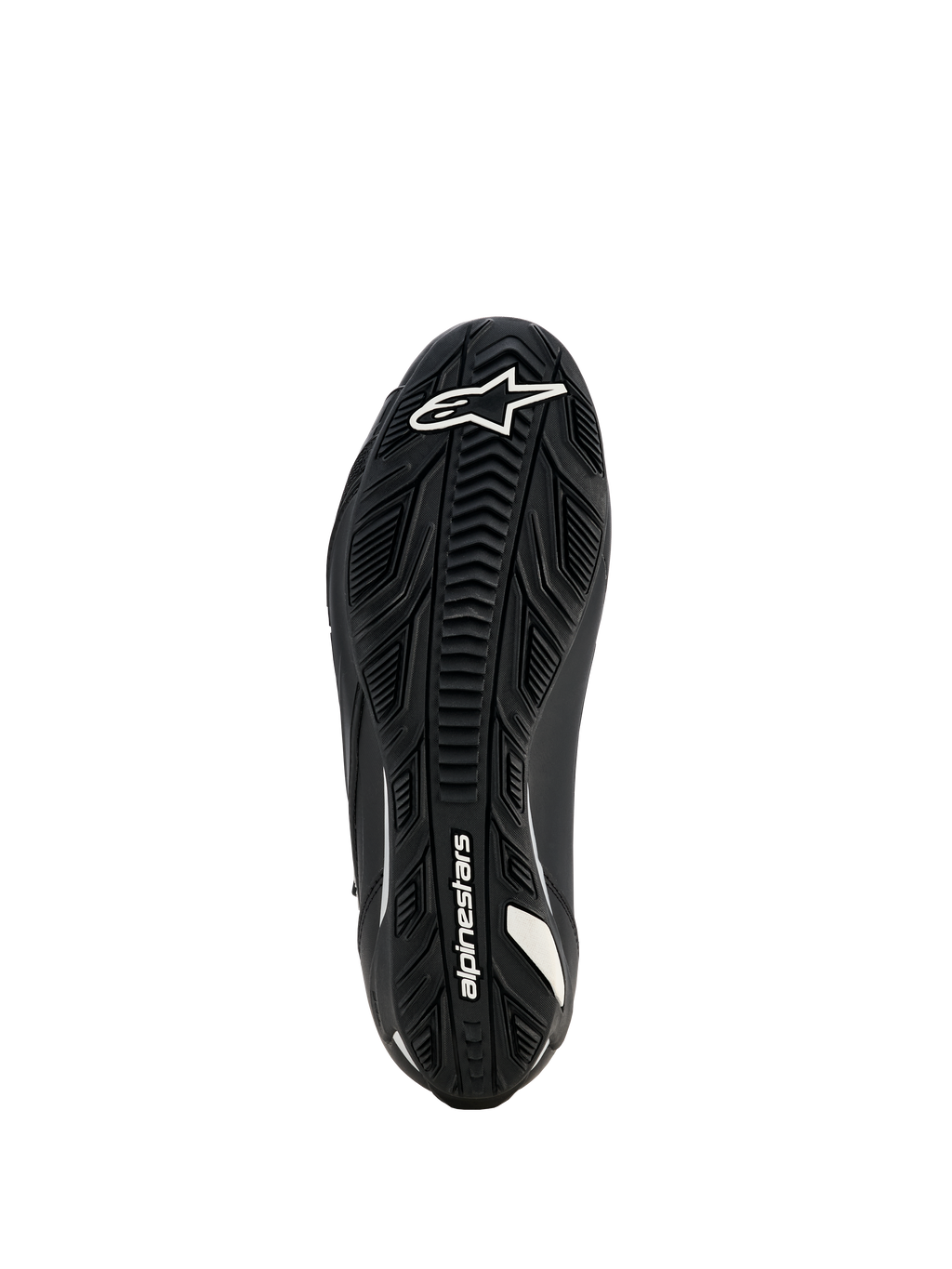 Alpinestars Stella Faster-4 Drystar Shoes da donna, scarpe da moto, nero, vista della suola con battistrada in gomma testurizzata, logo e marchio Alpinestars bianchi, progettata per grip e durata superiori