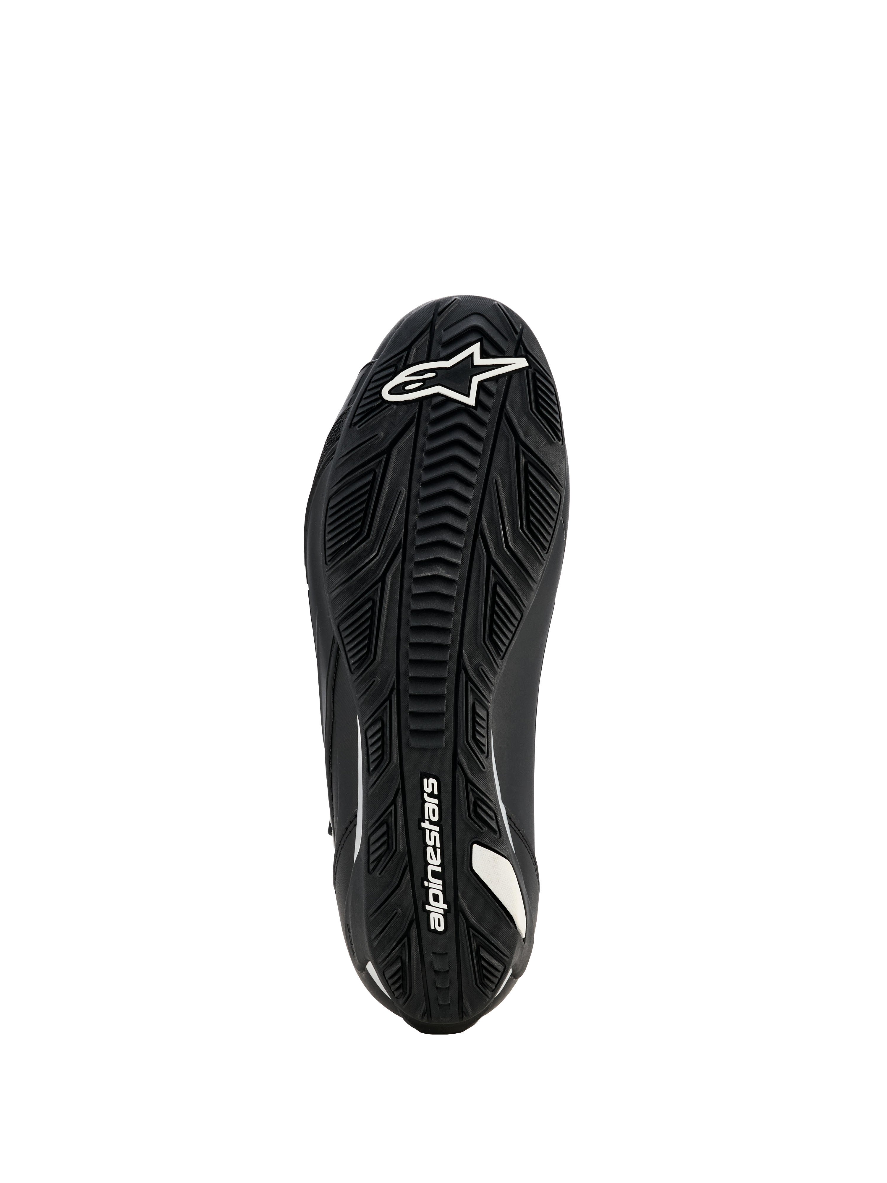 Alpinestars Stella Faster-4 Drystar Shoes da donna, scarpe da moto, nero, vista della suola con battistrada in gomma testurizzata, logo e marchio Alpinestars bianchi, progettata per grip e durata superiori