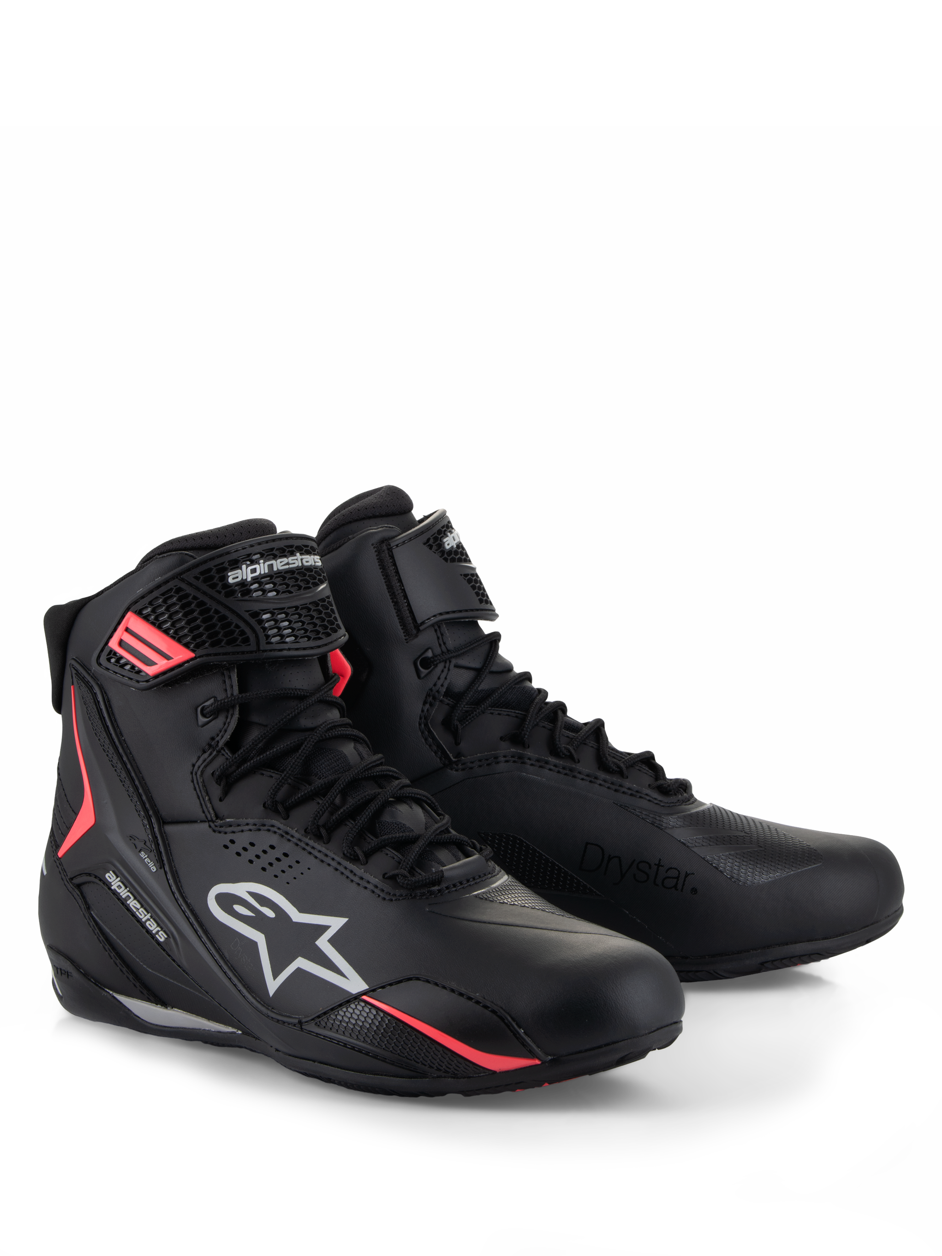 Scarpe Alpinestars Stella Faster-4 Drystar®, scarpe da moto da donna, nero grigio e corallo fluo, dotate di tecnologia impermeabile Drystar®, chiusura con lacci e cinturino a strappo, accenti corallo e loghi Alpinestars bianchi