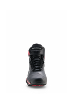 Alpinestars Stella Faster-4 Drystar® Shoes, scarpe da moto da donna, nero, grigio e corallo fluo, vista frontale con chiusura a lacci, cinturino protettivo sulla caviglia con logo e accenti corallo
