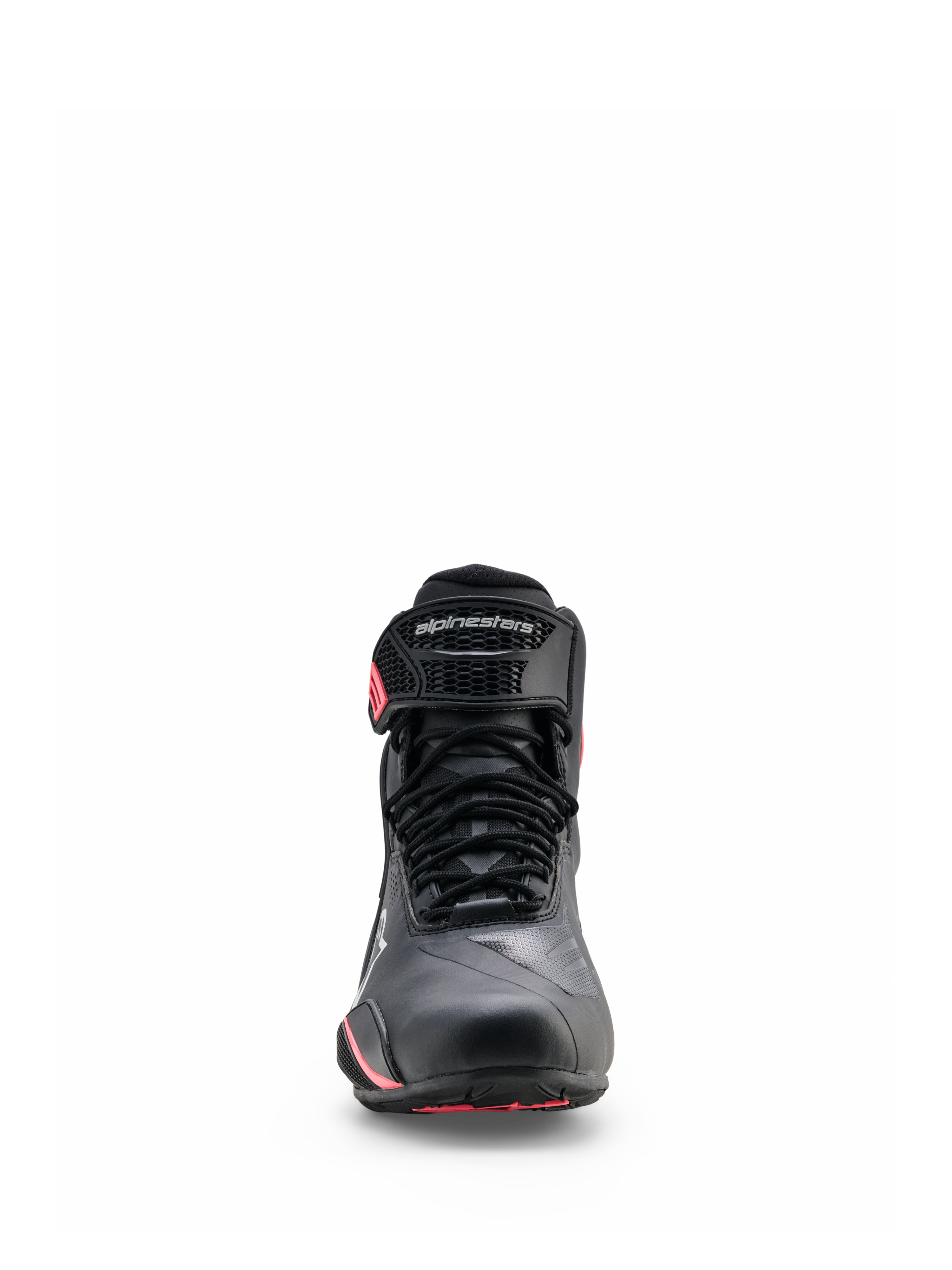 Alpinestars Stella Faster-4 Drystar® Shoes, scarpe da moto da donna, nero, grigio e corallo fluo, vista frontale con chiusura a lacci, cinturino protettivo sulla caviglia con logo e accenti corallo