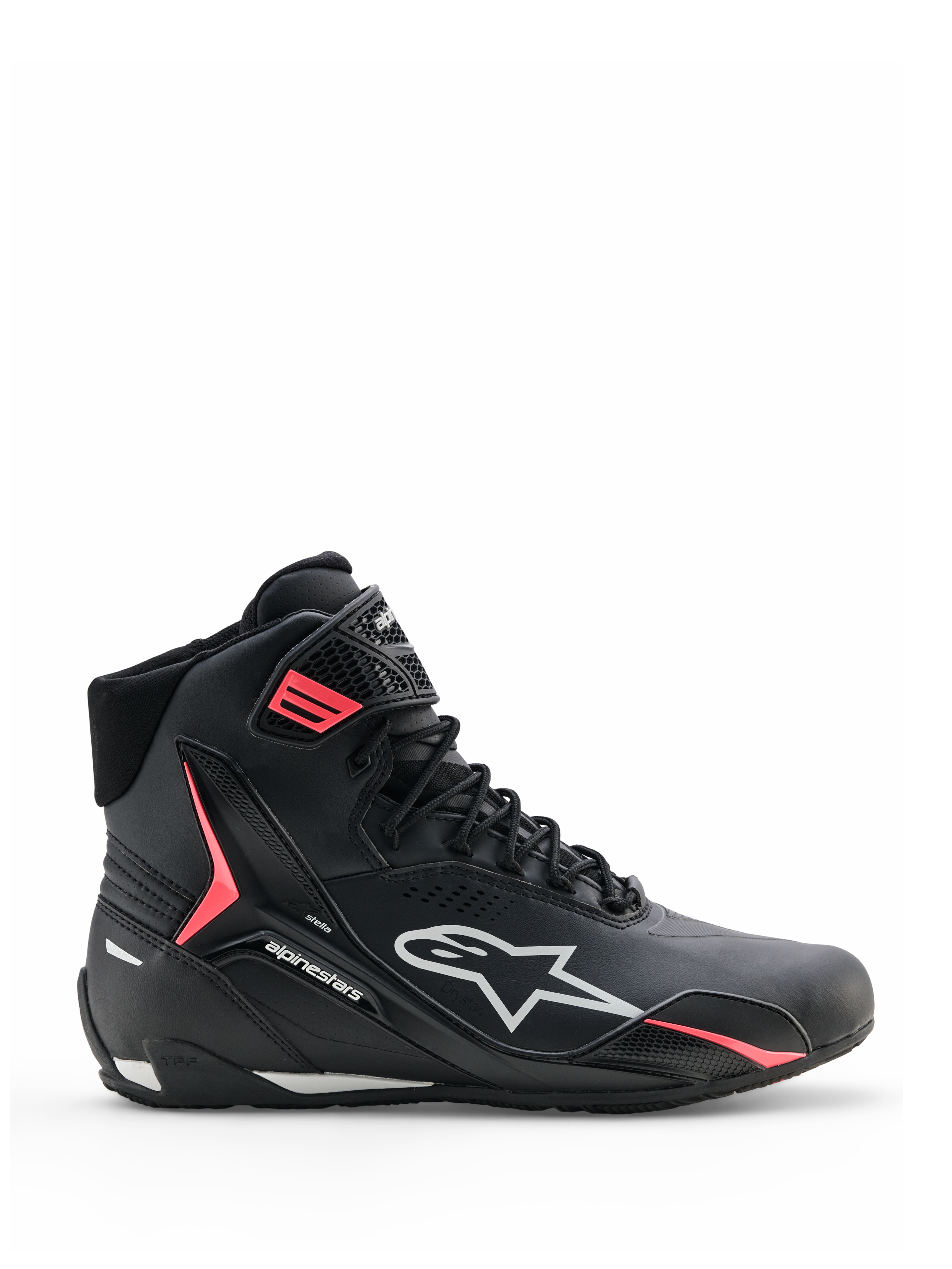 Scarpe Alpinestars Stella Faster-4 Drystar®, scarpe da moto da donna, nere con accenti grigio e corallo fluo, design alto con logo laterale e cinturino a strappo, microfibra impermeabile per la guida sportiva