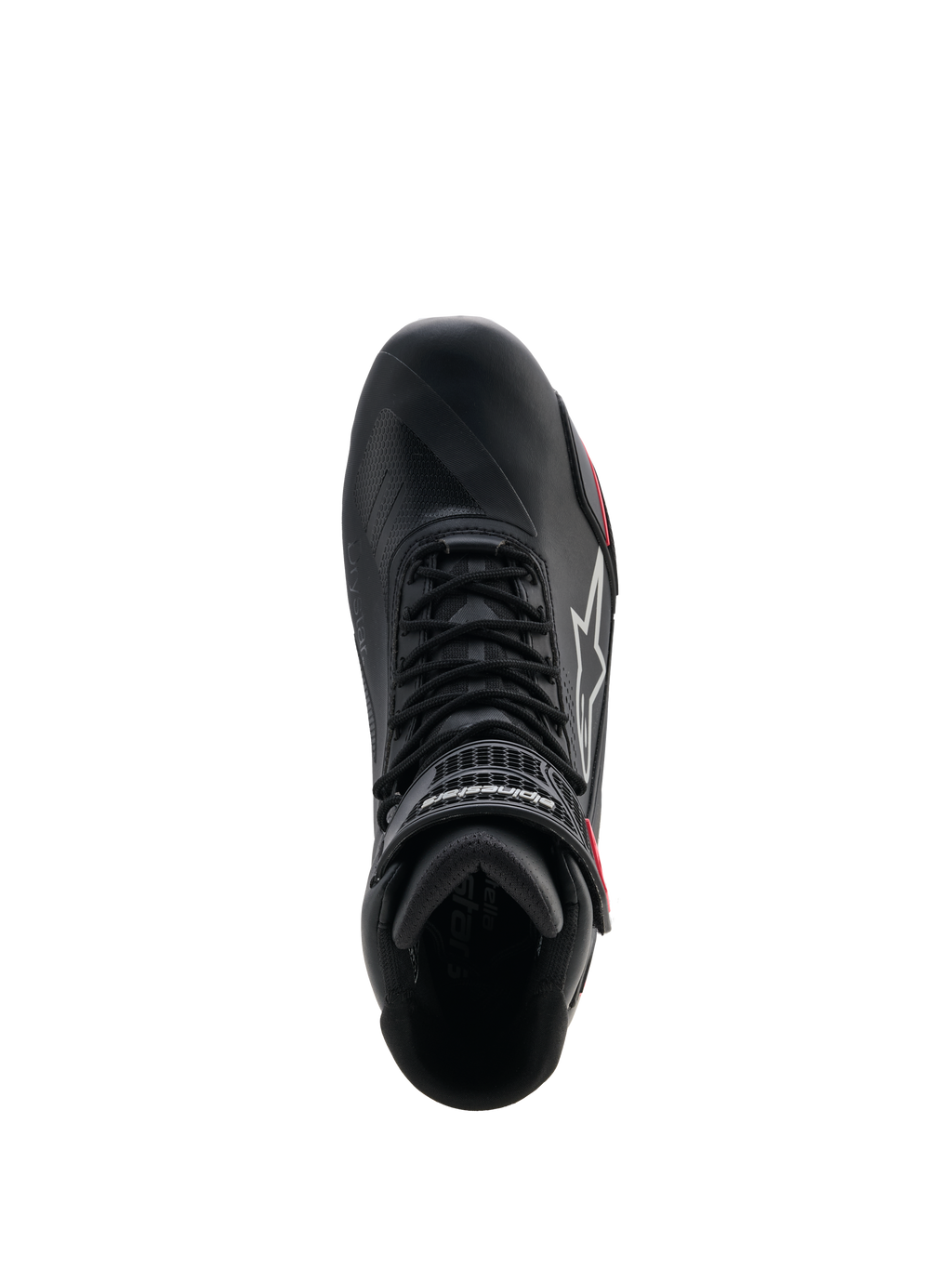 Scarpe Alpinestars Stella Faster-4 Drystar® da donna, scarpe da moto, nero, grigio e corallo fluo, vista dall'alto che mostra il sistema di allacciatura e il cinturino a strappo sulla caviglia, design elegante in microfibra con tecnologia impermeabile Drystar®