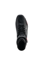 Scarpe Alpinestars Stella Faster-4 Drystar® da donna, scarpe da moto, nero, grigio e corallo fluo, vista dall'alto che mostra il sistema di allacciatura e il cinturino a strappo sulla caviglia, design elegante in microfibra con tecnologia impermeabile Drystar®