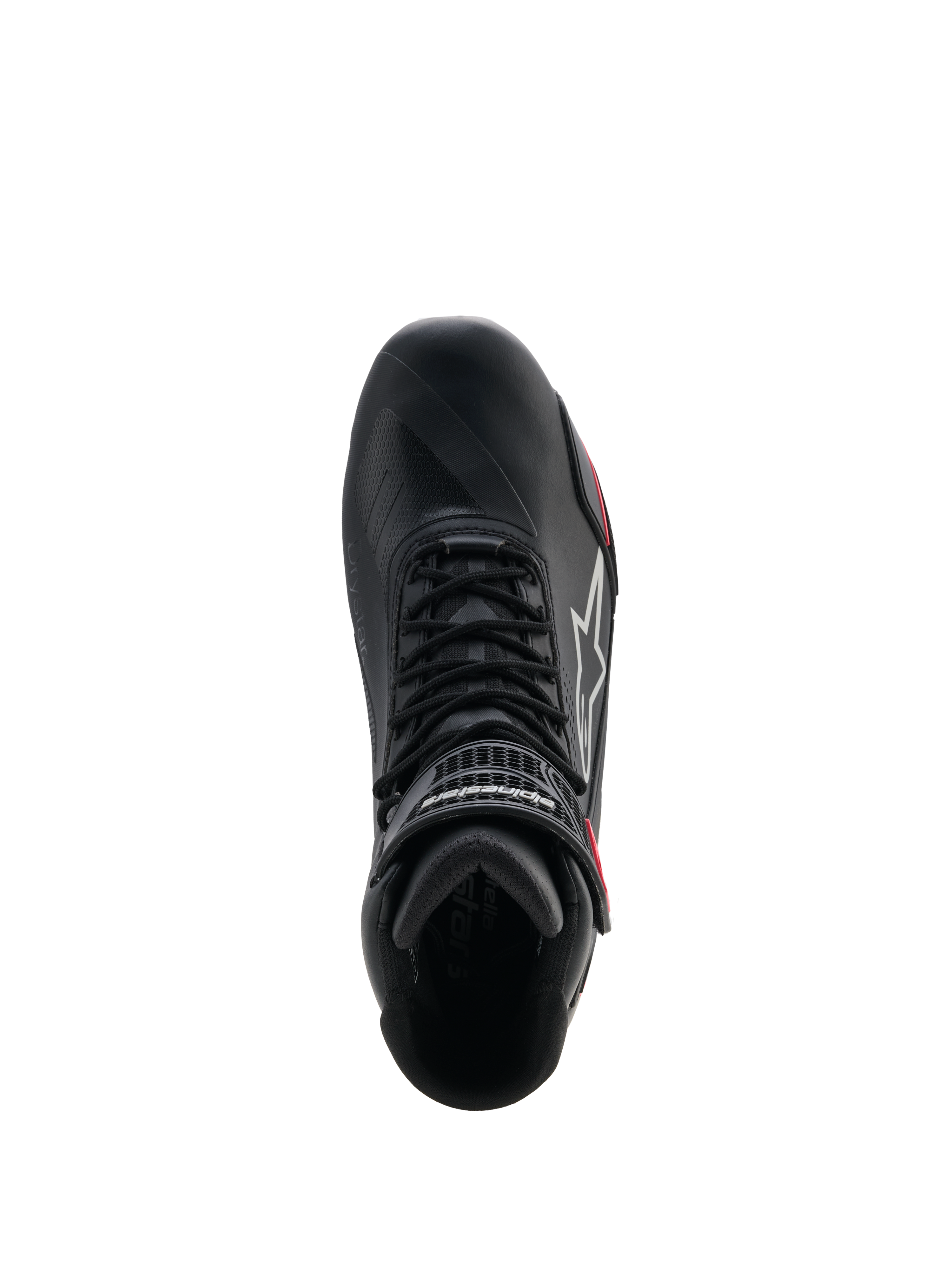 Scarpe Alpinestars Stella Faster-4 Drystar® da donna, scarpe da moto, nero, grigio e corallo fluo, vista dall'alto che mostra il sistema di allacciatura e il cinturino a strappo sulla caviglia, design elegante in microfibra con tecnologia impermeabile Drystar®