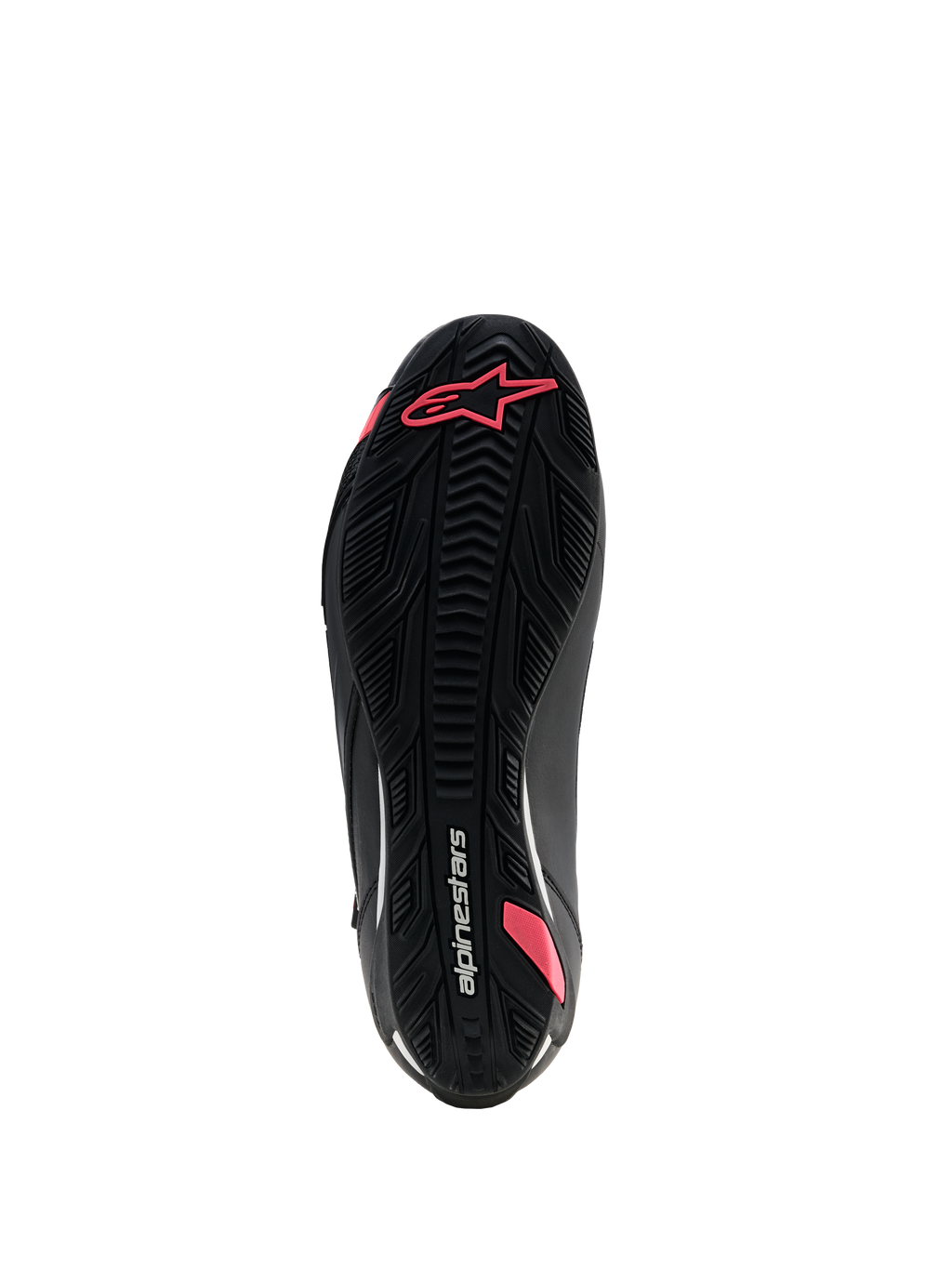 Scarpe Alpinestars Stella Faster-4 Drystar®, scarpe da moto da donna, nero e corallo fluo, vista inferiore della suola in gomma testurizzata con motivo grip, logo Astars e marchio Alpinestars.