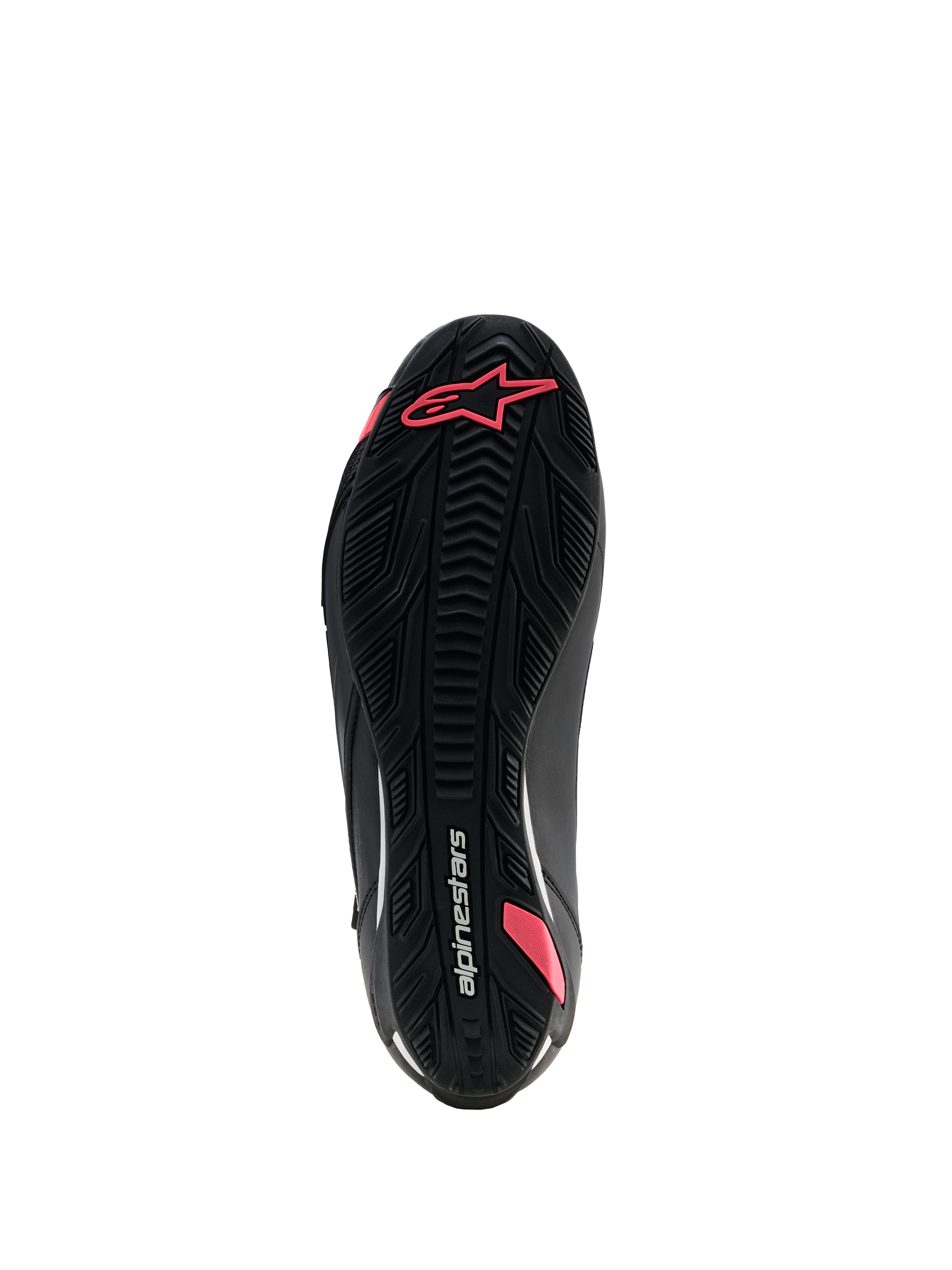 Scarpe Alpinestars Stella Faster-4 Drystar®, scarpe da moto da donna, nero e corallo fluo, vista inferiore della suola in gomma testurizzata con motivo grip, logo Astars e marchio Alpinestars.
