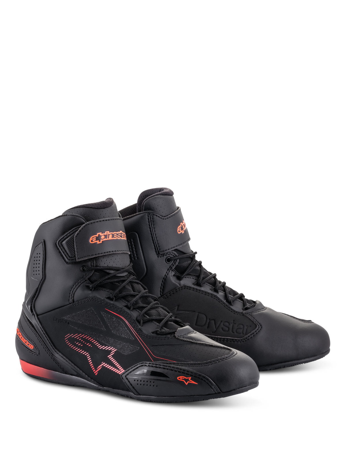 Alpinestars Faster-3 Drystar® Shoes, scarpe da moto, nero e rosso fluo, profilo alto con chiusura a lacci e cinturino alla caviglia, struttura in microfibra con loghi e dettagli rosso fluorescente