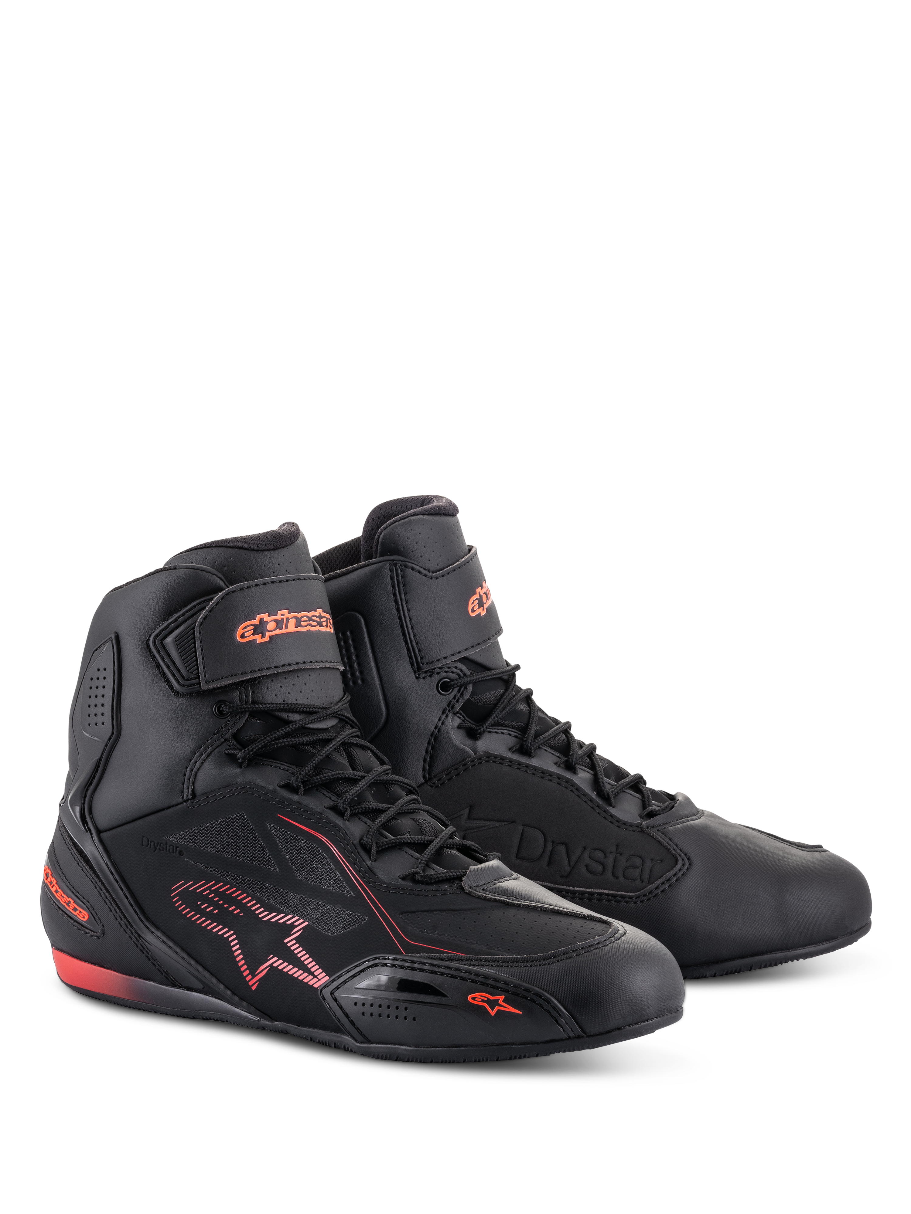Alpinestars Faster-3 Drystar® Shoes, scarpe da moto, nero e rosso fluo, profilo alto con chiusura a lacci e cinturino alla caviglia, struttura in microfibra con loghi e dettagli rosso fluorescente