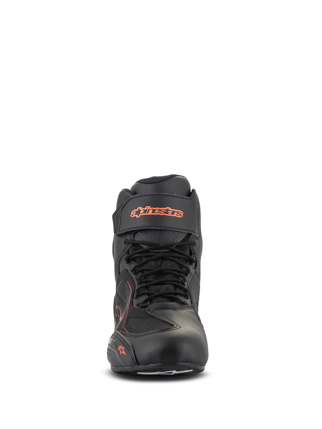 Scarpe Alpinestars Faster-3 Drystar®, nero e rosso fluo, vista frontale, scarpa da moto impermeabile con tomaia in microfibra, design stringato con cinturino alla caviglia in velcro, loghi fluorescenti