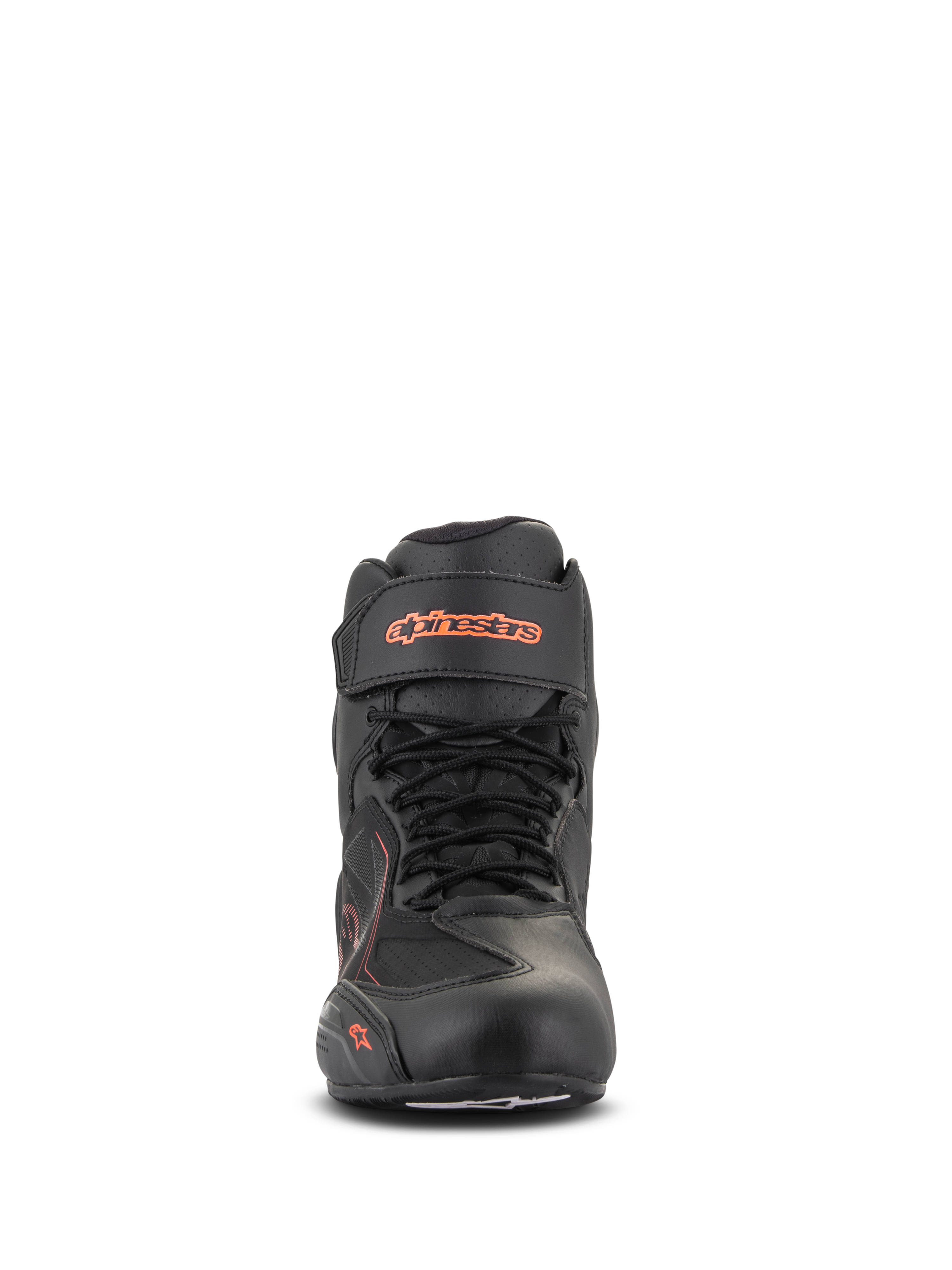 Scarpe Alpinestars Faster-3 Drystar®, nero e rosso fluo, vista frontale, scarpa da moto impermeabile con tomaia in microfibra, design stringato con cinturino alla caviglia in velcro, loghi fluorescenti
