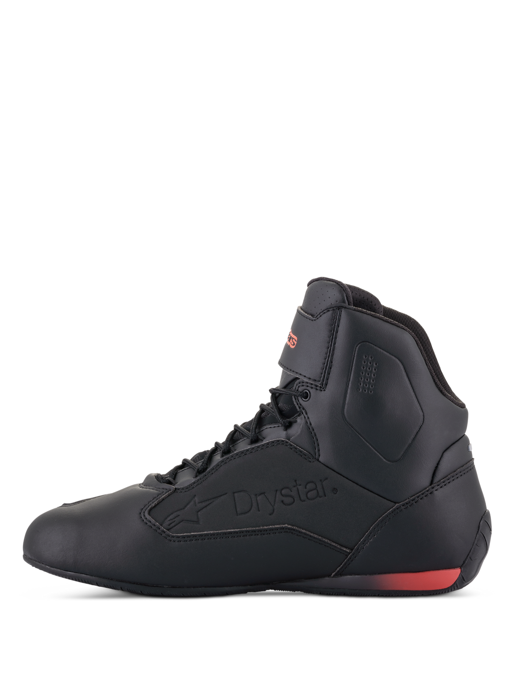 Scarpe Alpinestars Faster-3 Drystar®, scarpe da moto, nero e rosso fluo, vista laterale con logo Drystar in rilievo e dettaglio del tallone in rosso fluorescente, elegante struttura in microfibra per guida urbana e su strada