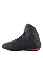 Scarpe Alpinestars Faster-3 Drystar®, scarpe da moto, nero e rosso fluo, vista laterale con logo Drystar in rilievo e dettaglio del tallone in rosso fluorescente, elegante struttura in microfibra per guida urbana e su strada