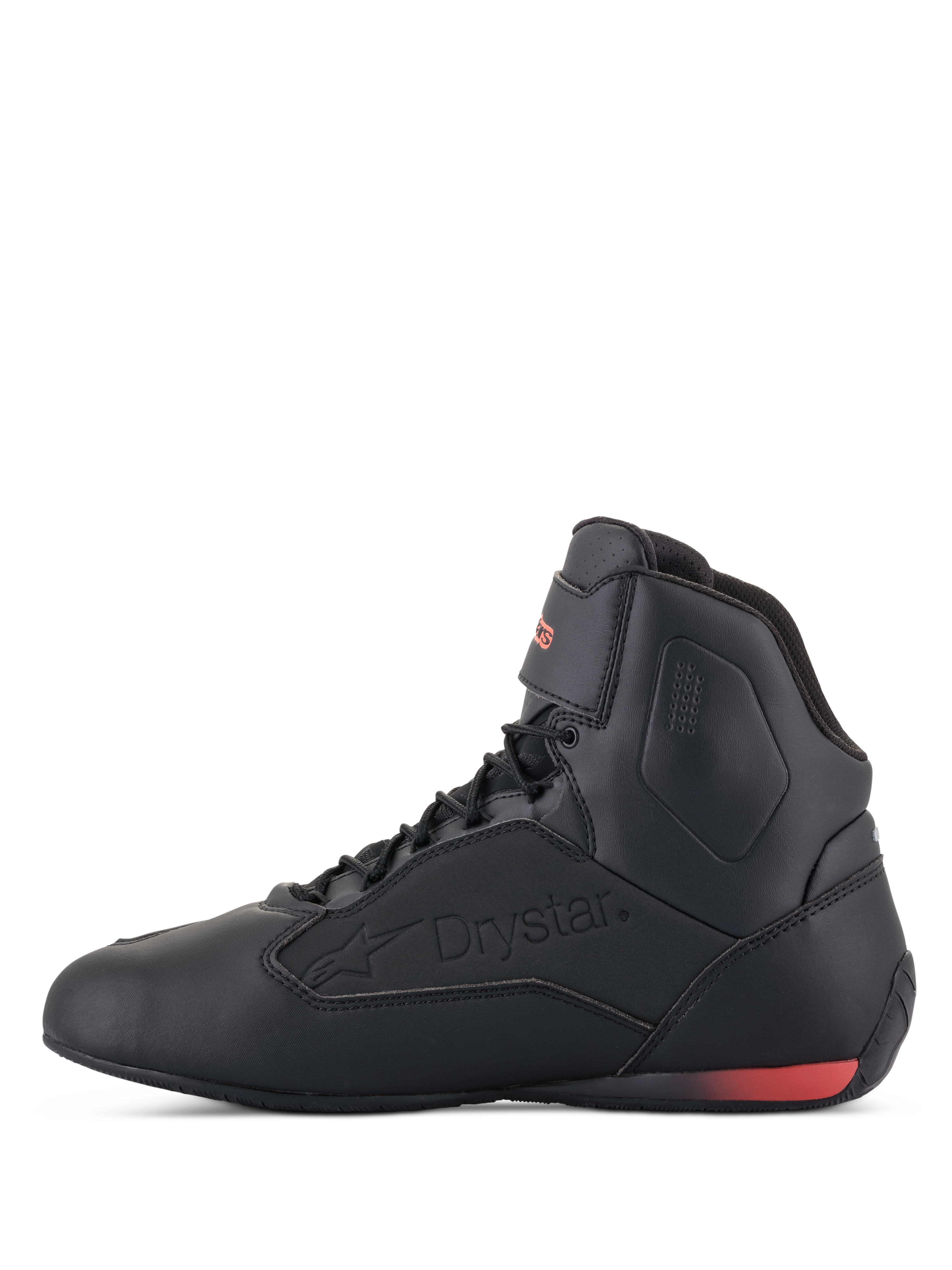 Scarpe Alpinestars Faster-3 Drystar®, scarpe da moto, nero e rosso fluo, vista laterale con logo Drystar in rilievo e dettaglio del tallone in rosso fluorescente, elegante struttura in microfibra per guida urbana e su strada