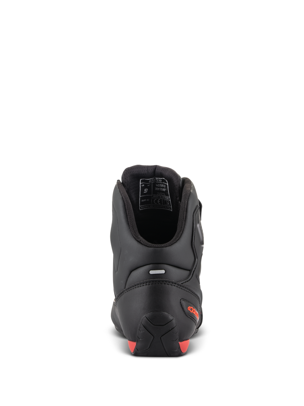 Scarpe Alpinestars Faster-3 Drystar®, scarpe da moto, vista posteriore che mostra il tallone e la caviglia, microfibra nera con accenti rosso fluo, striscia riflettente per la visibilità, calzatura protettiva d'ispirazione sportiva per uso stradale e urbano