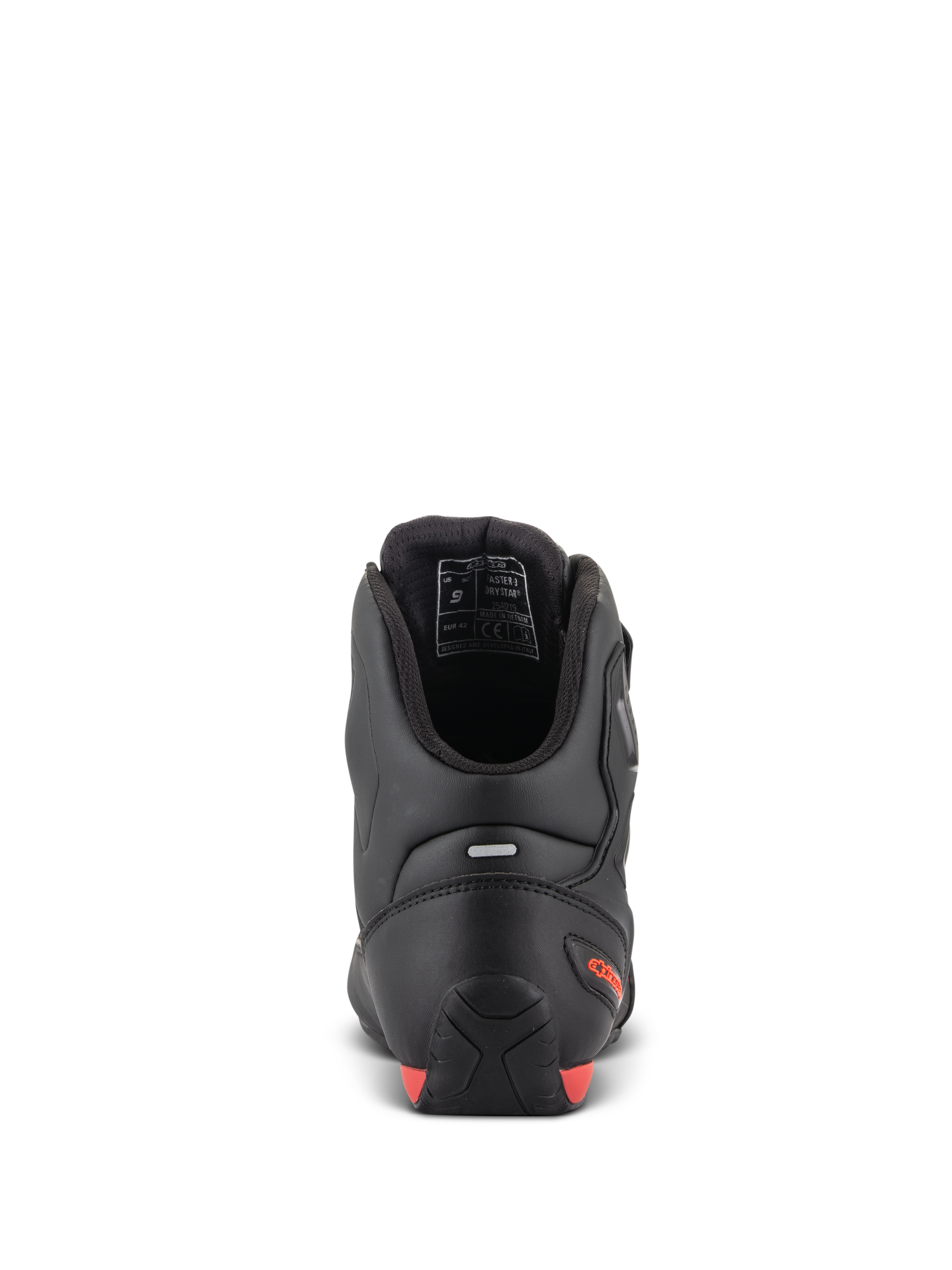 Scarpe Alpinestars Faster-3 Drystar®, scarpe da moto, vista posteriore che mostra il tallone e la caviglia, microfibra nera con accenti rosso fluo, striscia riflettente per la visibilità, calzatura protettiva d'ispirazione sportiva per uso stradale e urbano