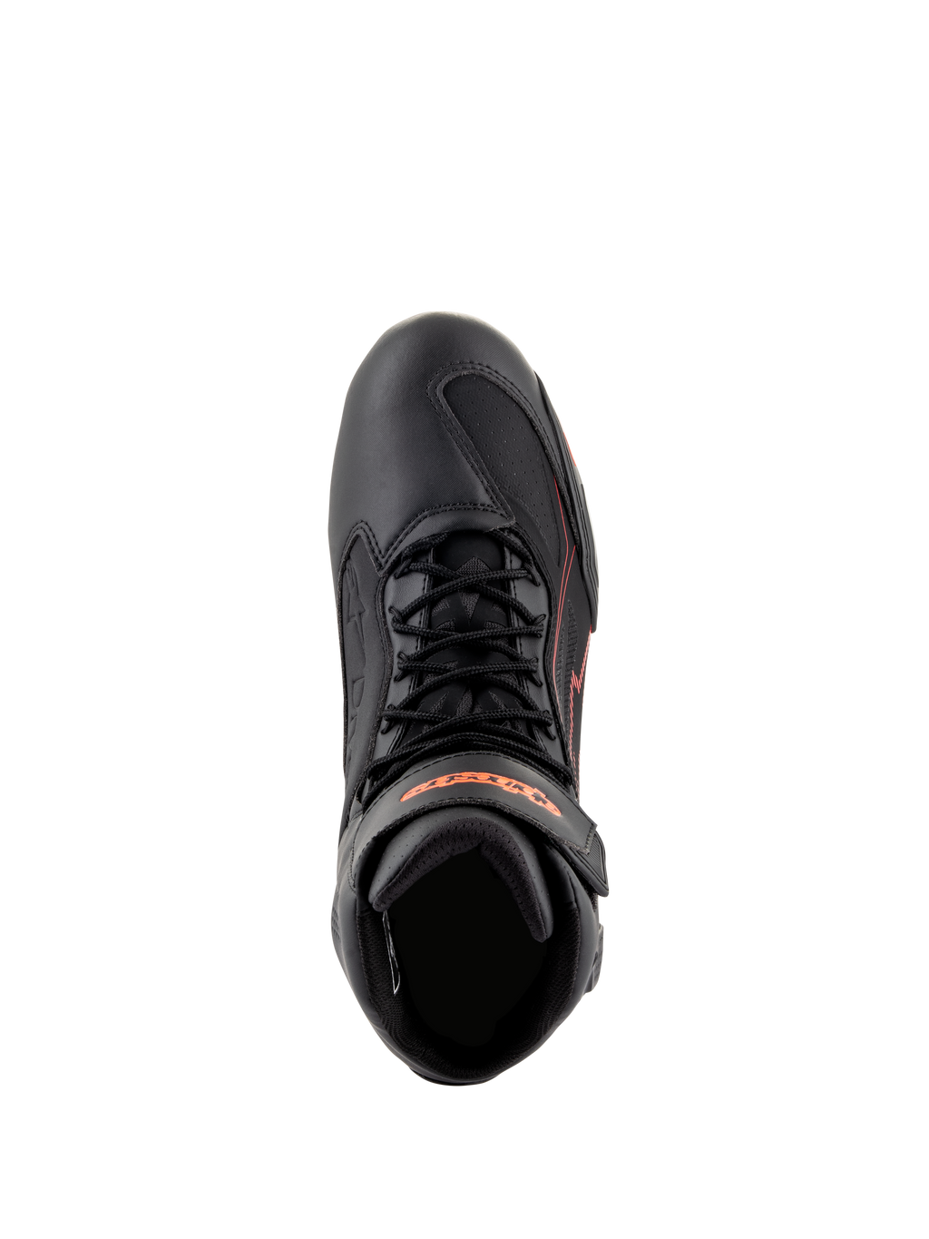 Alpinestars Faster-3 Drystar® Shoes, scarpe da moto, nero con accenti rosso fluo, vista dall'alto con lacci e cinturino alla caviglia, costruzione in microfibra tecnica