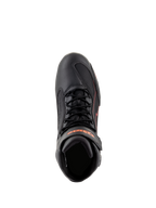 Alpinestars Faster-3 Drystar® Shoes, scarpe da moto, nero con accenti rosso fluo, vista dall'alto con lacci e cinturino alla caviglia, costruzione in microfibra tecnica