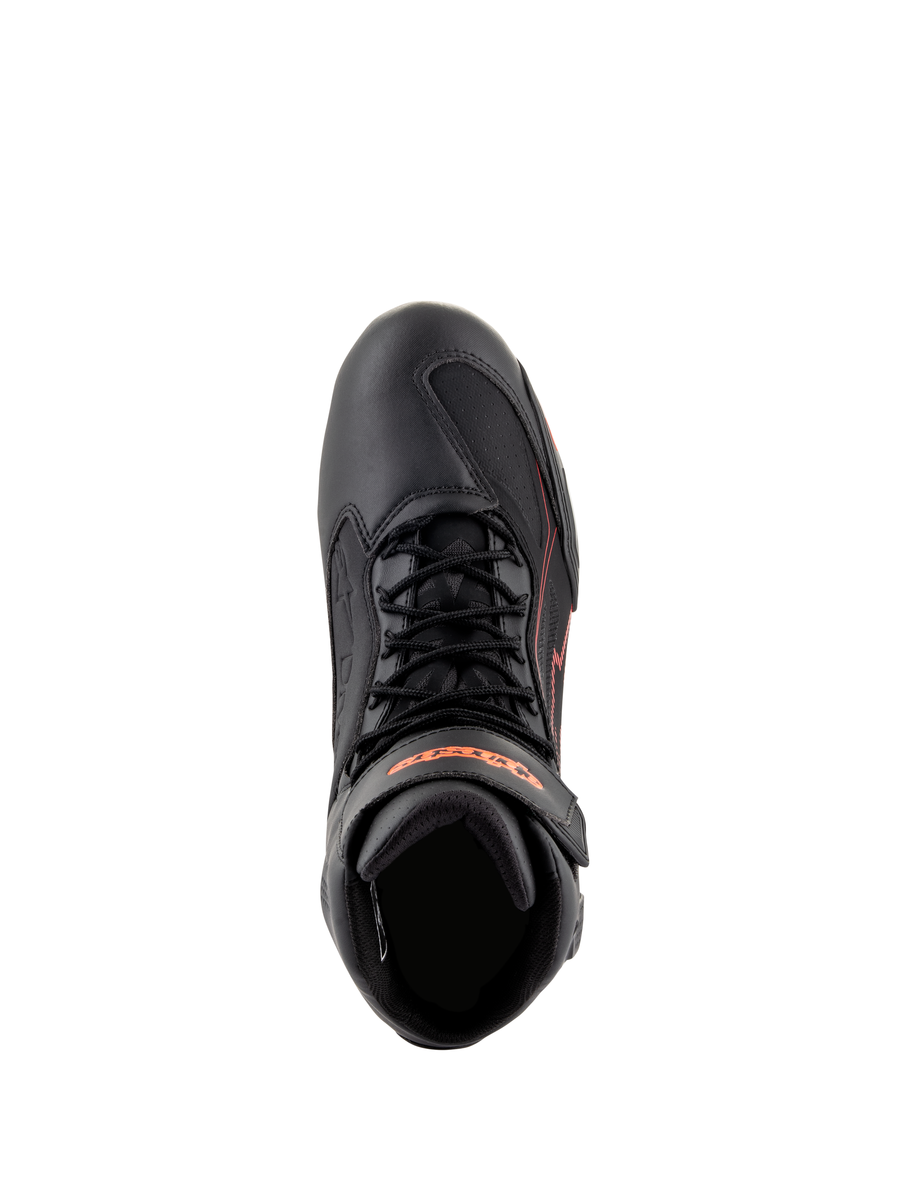 Alpinestars Faster-3 Drystar® Shoes, scarpe da moto, nero con accenti rosso fluo, vista dall'alto con lacci e cinturino alla caviglia, costruzione in microfibra tecnica
