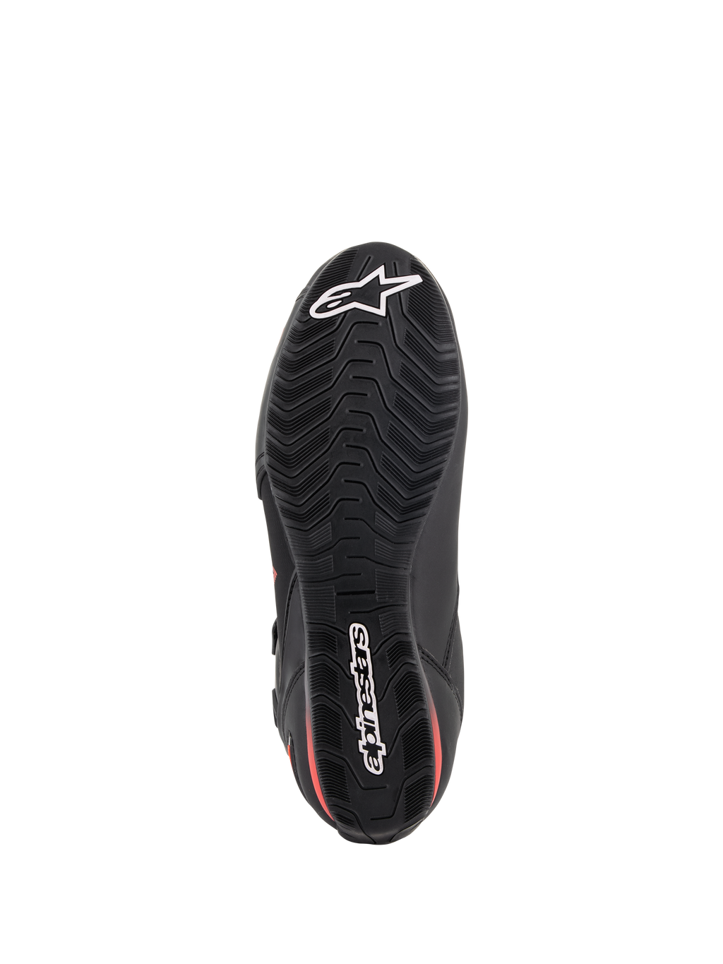 Scarpe Alpinestars Faster-3 Drystar®, scarpe da moto, nero e rosso fluo, vista dal basso della suola, suola in gomma testurizzata con battistrada ondulato, con logo a stella e scritta Alpinestars bianchi, calzature tecniche impermeabili