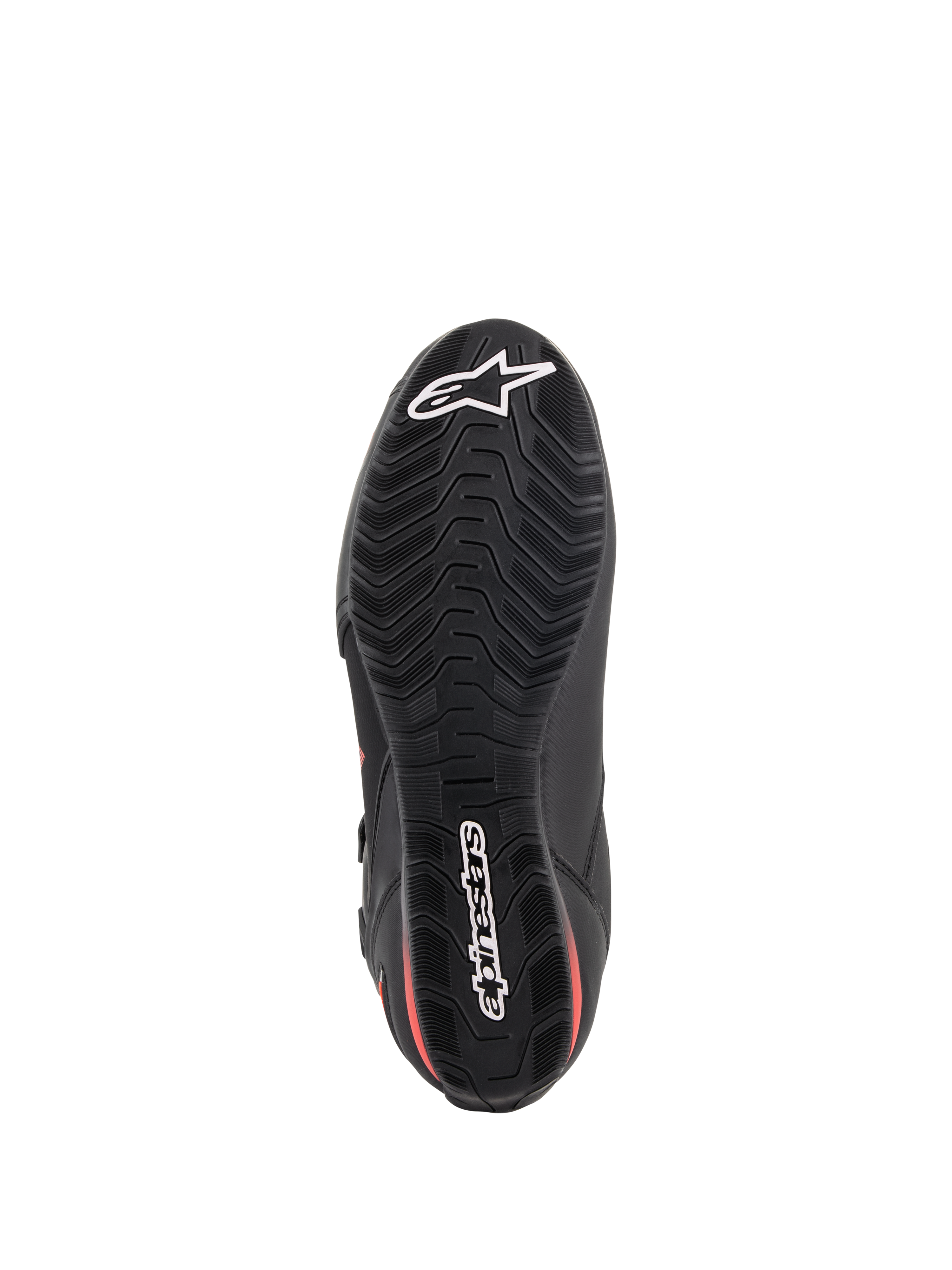 Scarpe Alpinestars Faster-3 Drystar®, scarpe da moto, nero e rosso fluo, vista dal basso della suola, suola in gomma testurizzata con battistrada ondulato, con logo a stella e scritta Alpinestars bianchi, calzature tecniche impermeabili