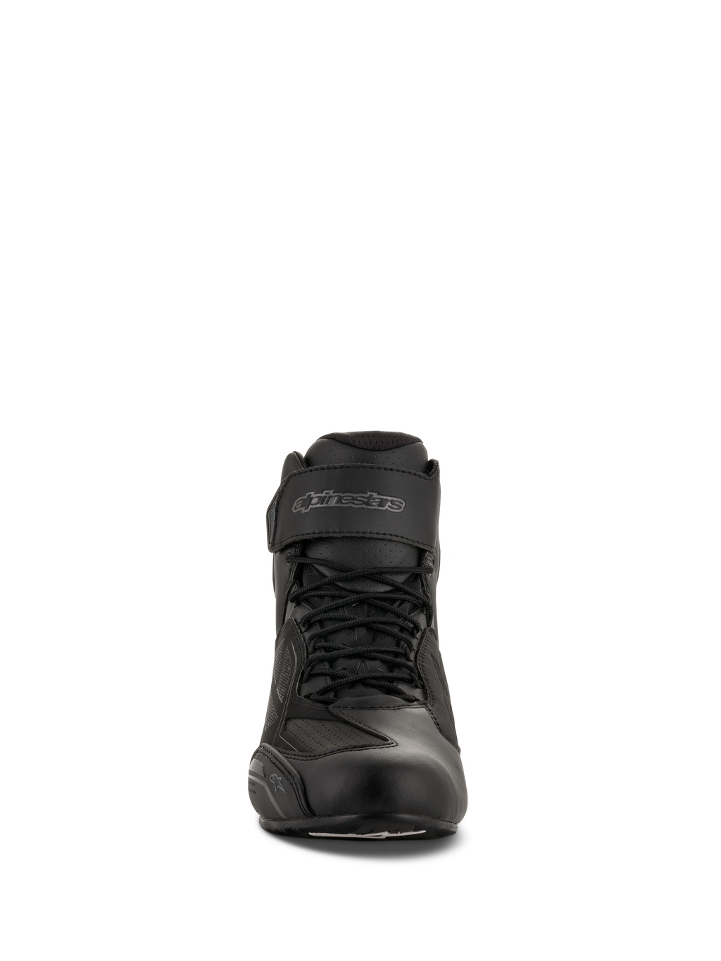 Scarpe da moto Alpinestars Faster-3 Drystar®, Black Cool Gray, vista frontale con chiusura a lacci e cinturino in velcro sulla caviglia, calzature da moto impermeabili in microfibra.