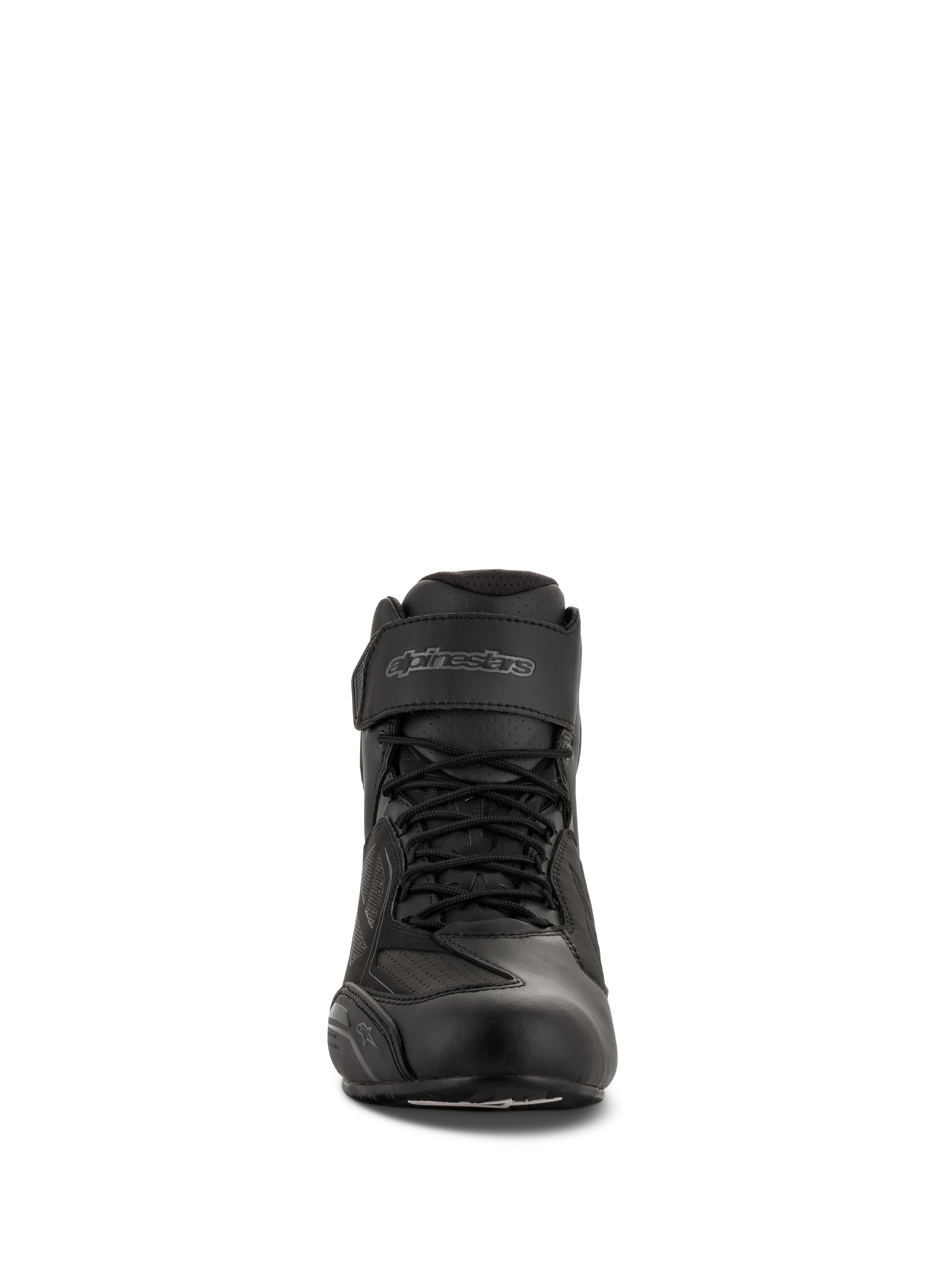 Scarpe da moto Alpinestars Faster-3 Drystar®, Black Cool Gray, vista frontale con chiusura a lacci e cinturino in velcro sulla caviglia, calzature da moto impermeabili in microfibra.