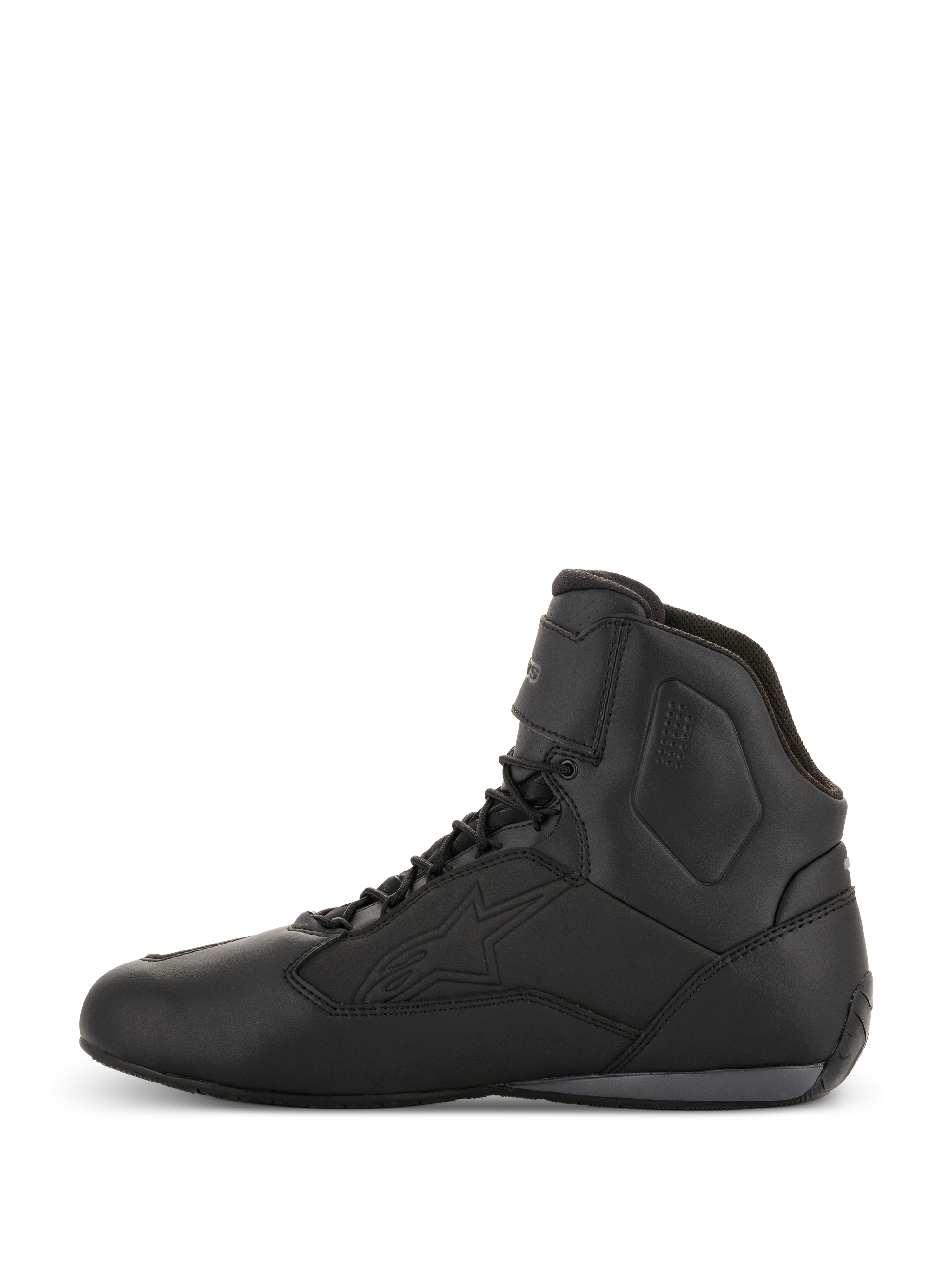 Alpinestars Faster-3 Drystar® Riding Shoes, scarpe da moto, nero e grigio freddo, vista laterale, design a collo alto con lacci, costruzione in microfibra impermeabile, abbigliamento tecnico per guida su strada