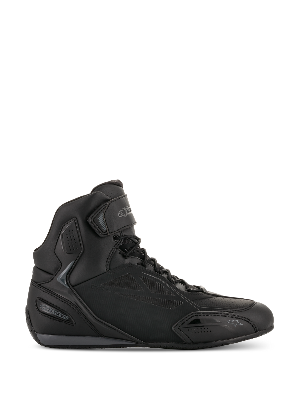 Alpinestars Faster-3 Drystar Riding Shoes, sneaker da moto nere e grigio freddo, design alto con chiusura a lacci e cinturino in velcro, struttura in microfibra impermeabile, calzature sportive per guida su strada