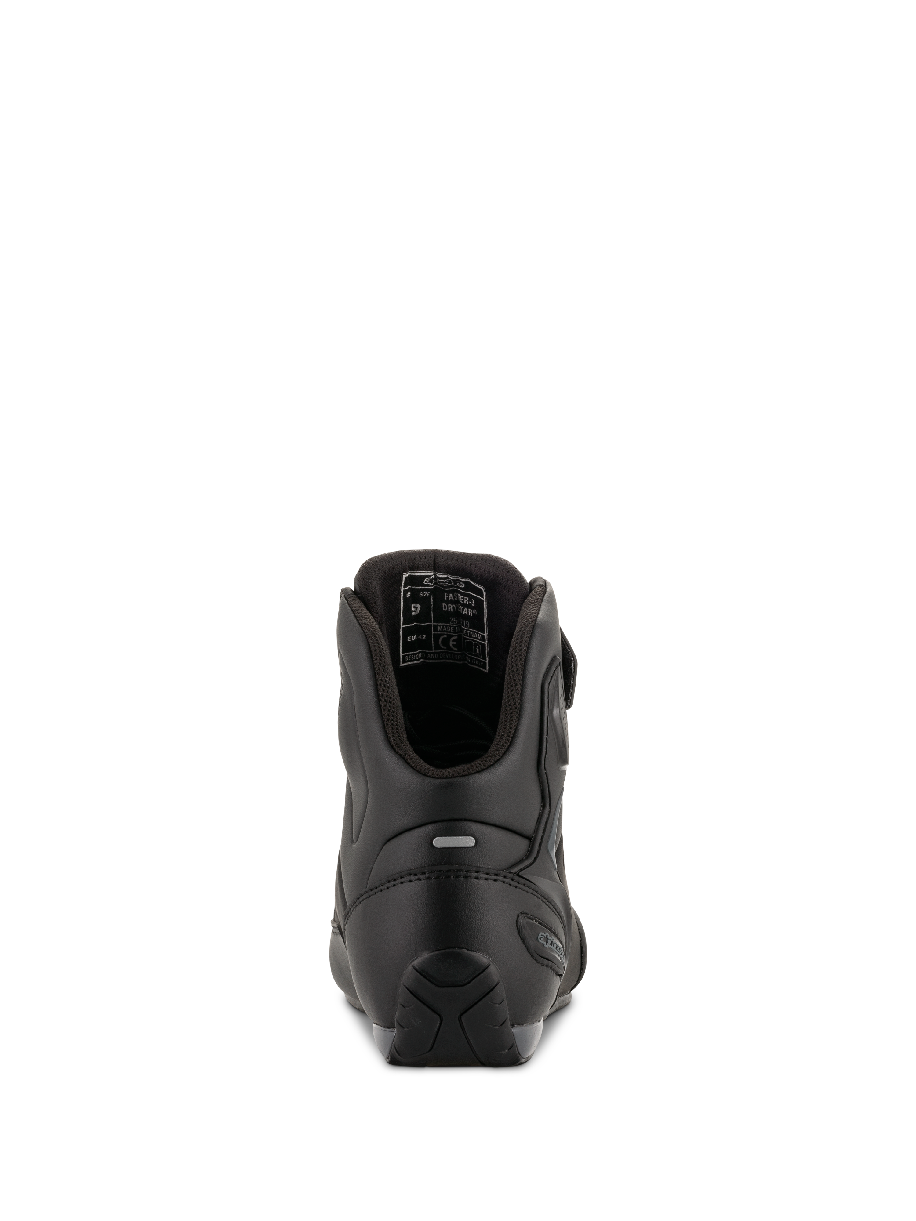 Scarpe da moto Alpinestars Faster-3 Drystar®, Black Cool Gray, vista posteriore con rinforzo del tallone, inserto riflettente e fodera interna, struttura in microfibra impermeabile per guida su strada