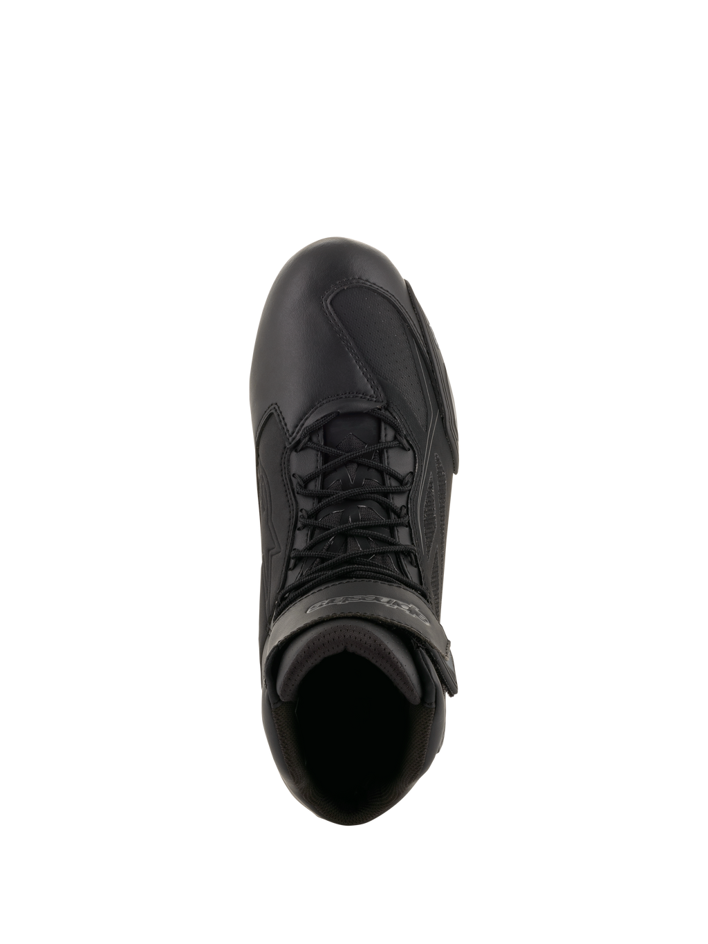 Alpinestars Faster-3 Drystar® Riding Shoes, scarpe da moto, nero e grigio freddo, vista dall'alto che mostra la tomaia in microfibra, i lacci neri e il cinturino in velcro sulla caviglia, design tecnico d'ispirazione sportiva per la guida su strada in ogni condizione climatica