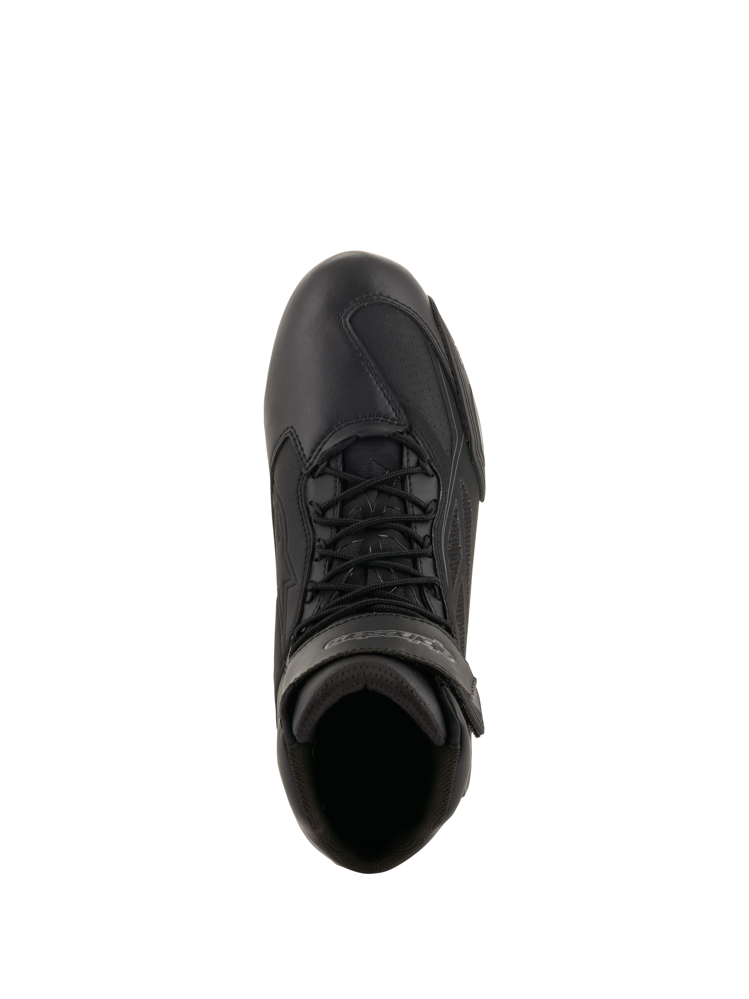 Alpinestars Faster-3 Drystar® Riding Shoes, scarpe da moto, nero e grigio freddo, vista dall'alto che mostra la tomaia in microfibra, i lacci neri e il cinturino in velcro sulla caviglia, design tecnico d'ispirazione sportiva per la guida su strada in ogni condizione climatica