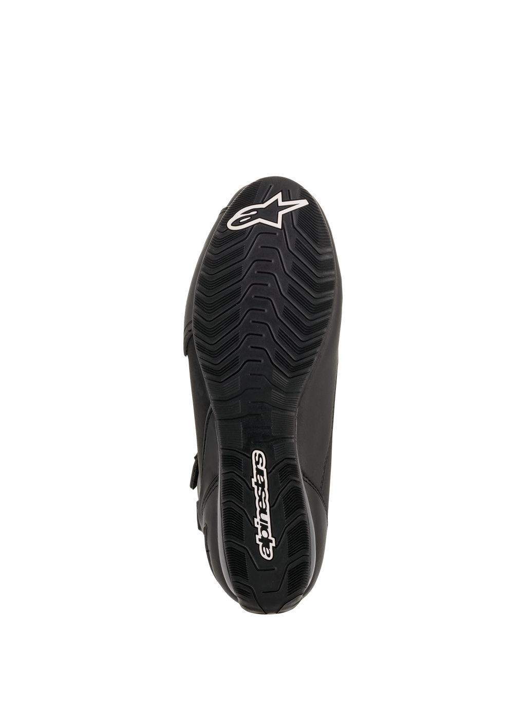 Alpinestars Faster-3 Drystar® Riding Shoes, vista della suola, gomma nera con battistrada dalla trama ondulata, logo a stella Alpinestars bianco sulla punta e wordmark sul tallone, calzatura tecnica da moto.