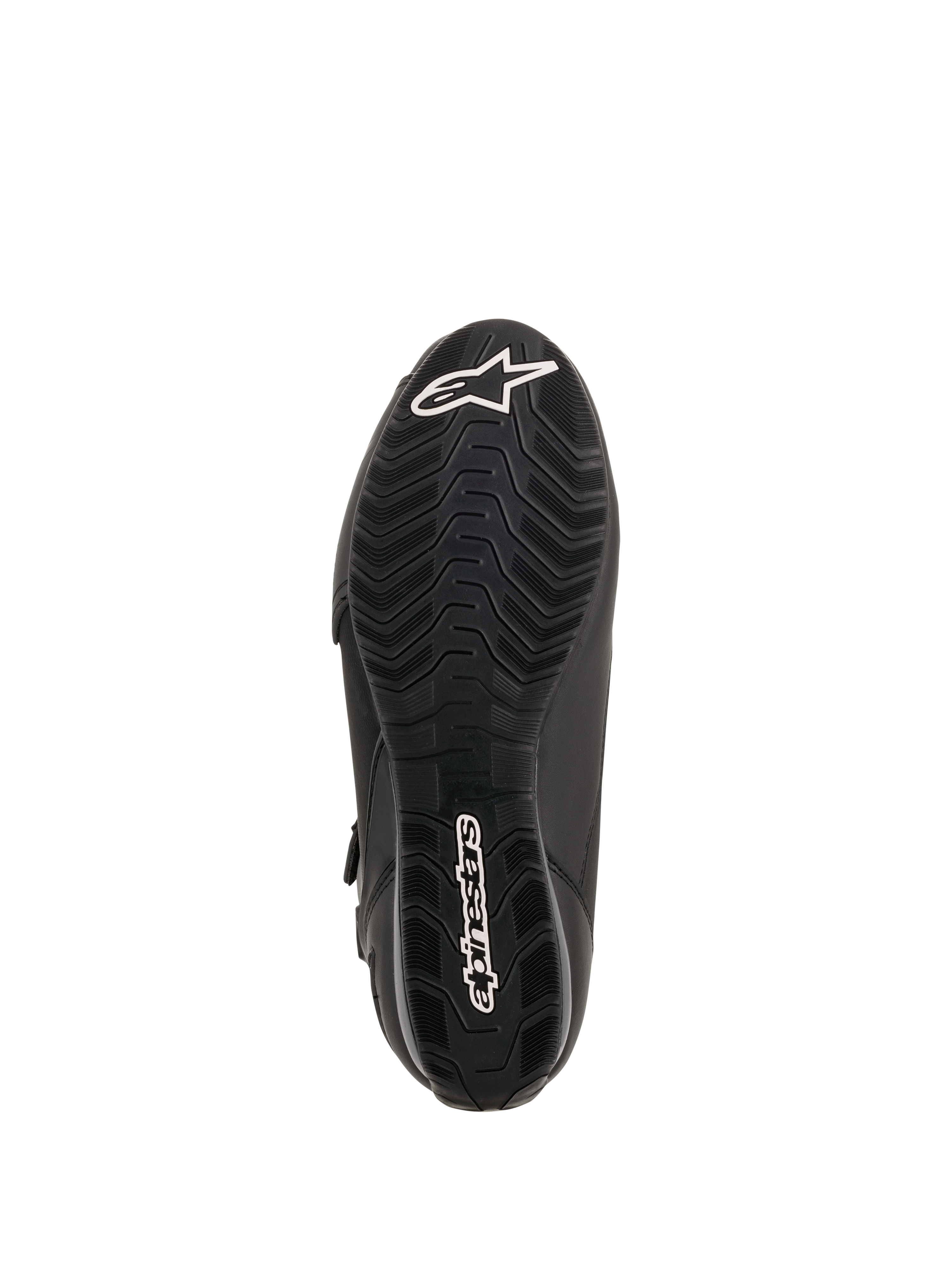 Alpinestars Faster-3 Drystar® Riding Shoes, vista della suola, gomma nera con battistrada dalla trama ondulata, logo a stella Alpinestars bianco sulla punta e wordmark sul tallone, calzatura tecnica da moto.