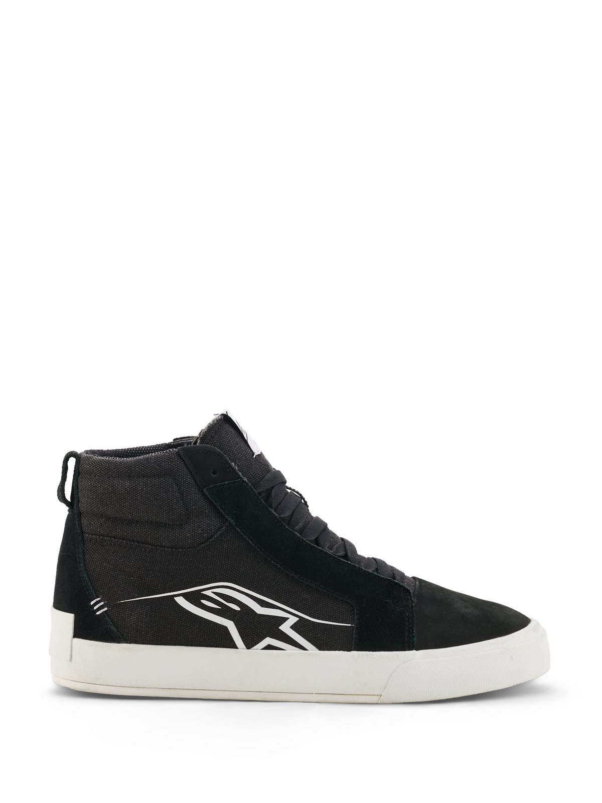 Alpinestars Ride-63 Canvas Shoes, sneakers da moto alte, nero e bianco, calzature urban casual, tomaia in tela e scamosciato, profilo laterale con logo Astars bianco, suola piatta in gomma bianca