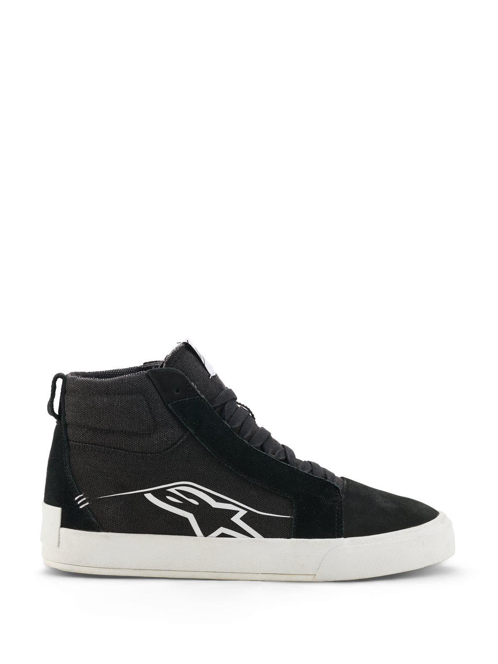 Alpinestars Ride-63 Canvas Shoes, sneakers da moto alte, nero e bianco, calzature urban casual, tomaia in tela e scamosciato, profilo laterale con logo Astars bianco, suola piatta in gomma bianca