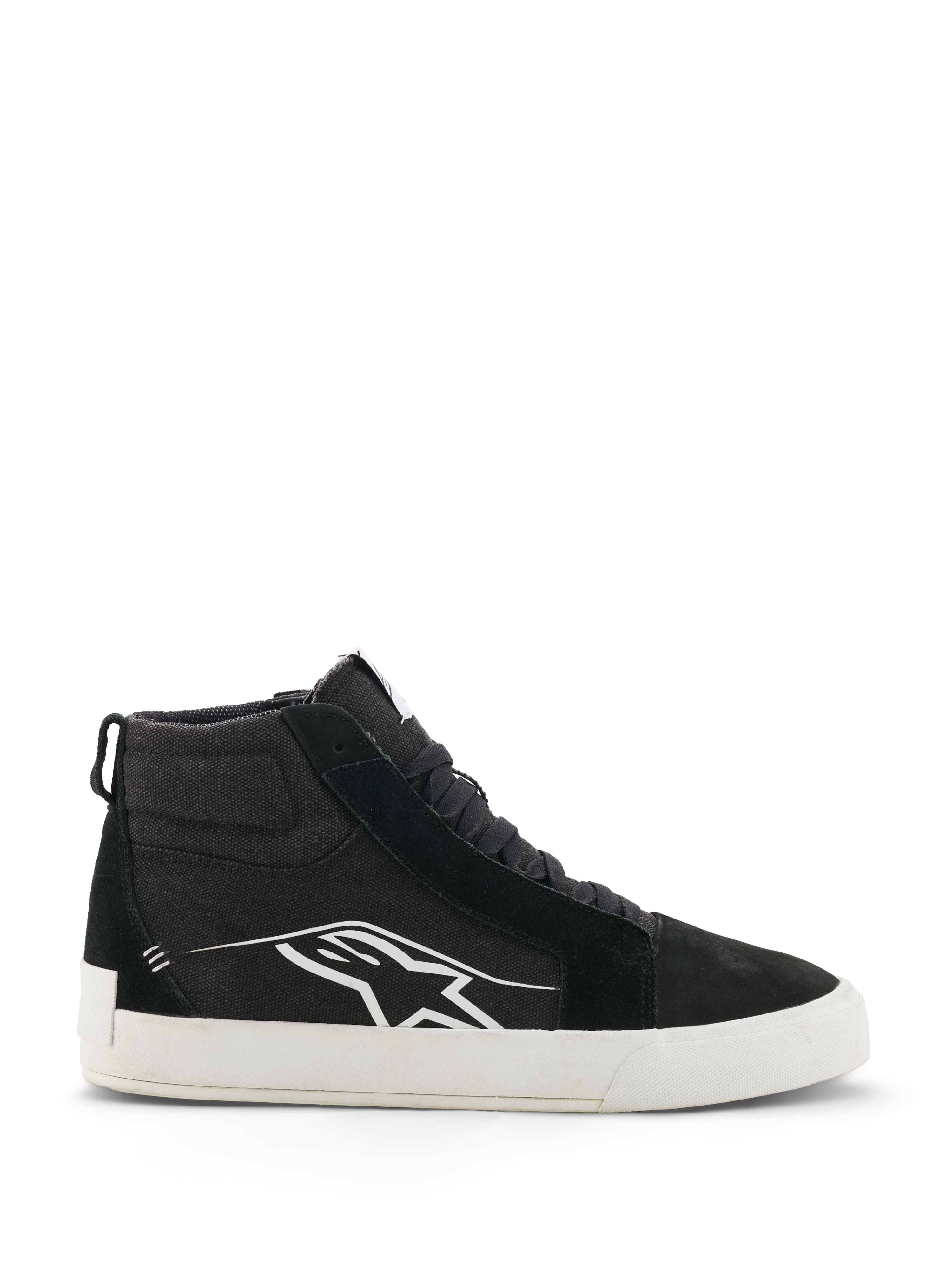 Alpinestars Ride-63 Canvas Shoes, sneakers da moto alte, nero e bianco, calzature urban casual, tomaia in tela e scamosciato, profilo laterale con logo Astars bianco, suola piatta in gomma bianca