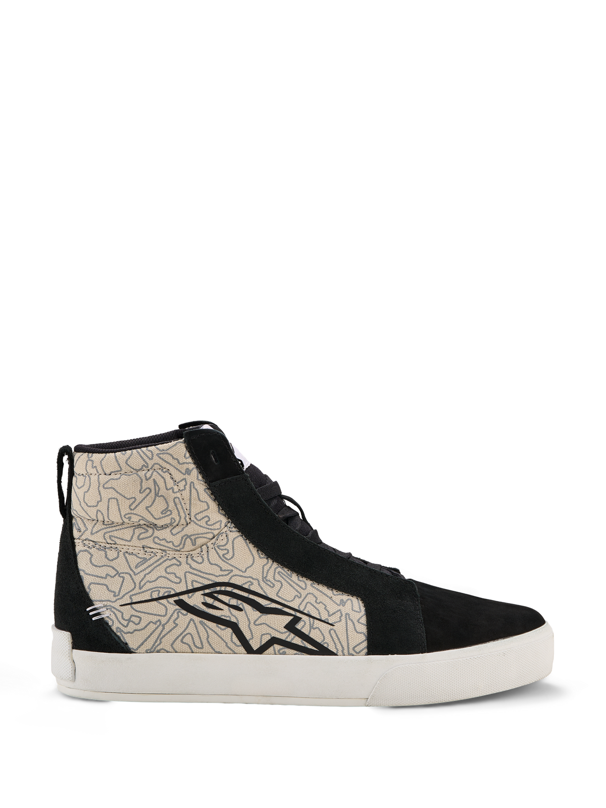 Scarpe Alpinestars Ride-63 Canvas, scarpe da moto urban, nero e grigio Cool Gray con suola bianca, design high-top di ispirazione skate con pannelli laterali in tessuto a fantasia e sovrapposizioni in pelle scamosciata nera, grande logo Alpinestars nero, suola in gomma vulcanizzata