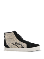 Scarpe Alpinestars Ride-63 Canvas, scarpe da moto urban, nero e grigio Cool Gray con suola bianca, design high-top di ispirazione skate con pannelli laterali in tessuto a fantasia e sovrapposizioni in pelle scamosciata nera, grande logo Alpinestars nero, suola in gomma vulcanizzata