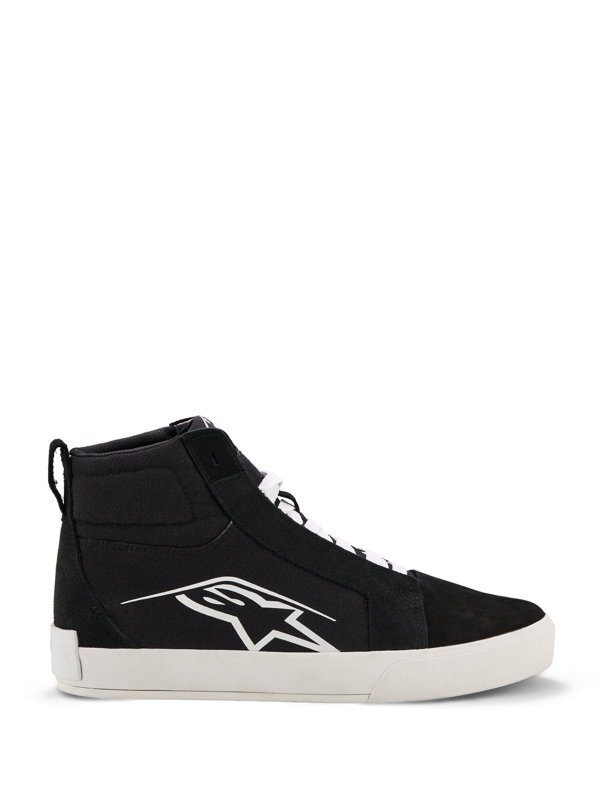 Alpinestars Ride-63 Canvas Shoes, scarpe da moto urbane, nero e bianco, grande logo Astars bianco sul lato, suola piatta bianca spessa, lacci bianchi, design sneaker alta casual