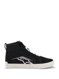 Alpinestars Ride-63 Canvas Shoes, scarpe da moto urbane, nero e bianco, grande logo Astars bianco sul lato, suola piatta bianca spessa, lacci bianchi, design sneaker alta casual