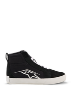 Alpinestars Ride-63 Canvas Shoes, scarpe da moto urbane, nero e bianco, grande logo Astars bianco sul lato, suola piatta bianca spessa, lacci bianchi, design sneaker alta casual
