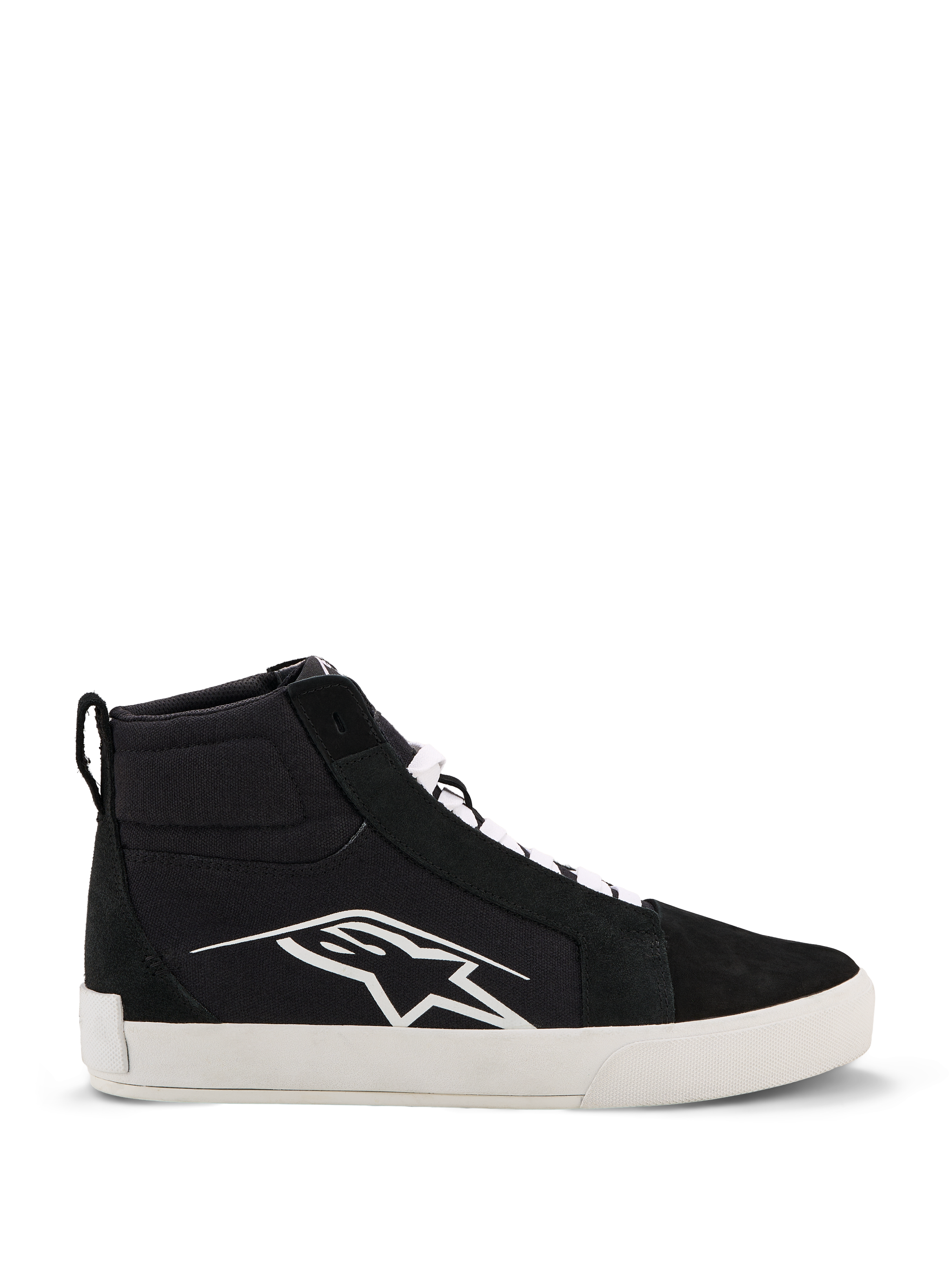 Alpinestars Ride-63 Canvas Shoes, scarpe da moto urbane, nero e bianco, grande logo Astars bianco sul lato, suola piatta bianca spessa, lacci bianchi, design sneaker alta casual
