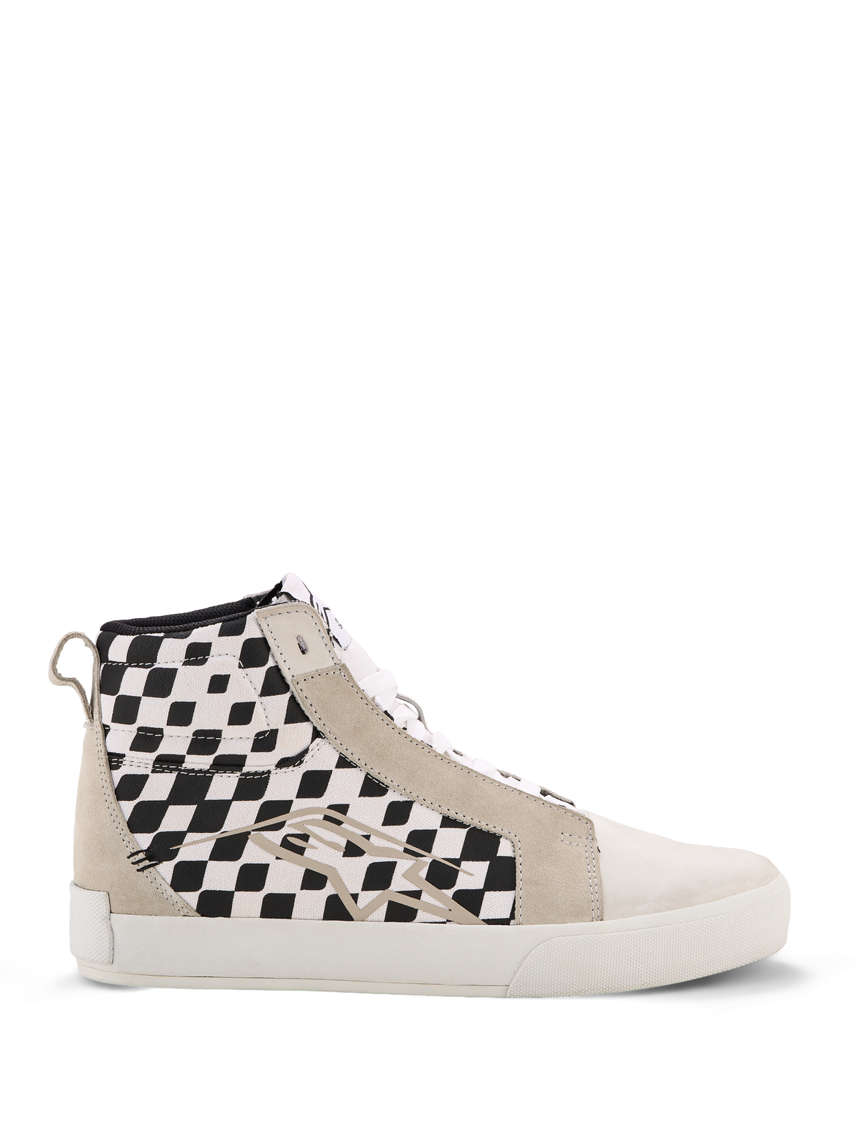 Alpinestars Ride-63 Canvas Shoes, sneaker alta da moto urbana, pannelli laterali a scacchi bianchi e neri, inserti in pelle scamosciata beige, suola vulcanizzata bianca, calzatura casual ispirata al motorsport