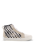 Alpinestars Ride-63 Canvas Shoes, sneaker alta da moto urbana, pannelli laterali a scacchi bianchi e neri, inserti in pelle scamosciata beige, suola vulcanizzata bianca, calzatura casual ispirata al motorsport