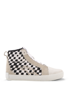 Alpinestars Ride-63 Canvas Shoes, sneaker alta da moto urbana, pannelli laterali a scacchi bianchi e neri, inserti in pelle scamosciata beige, suola vulcanizzata bianca, calzatura casual ispirata al motorsport