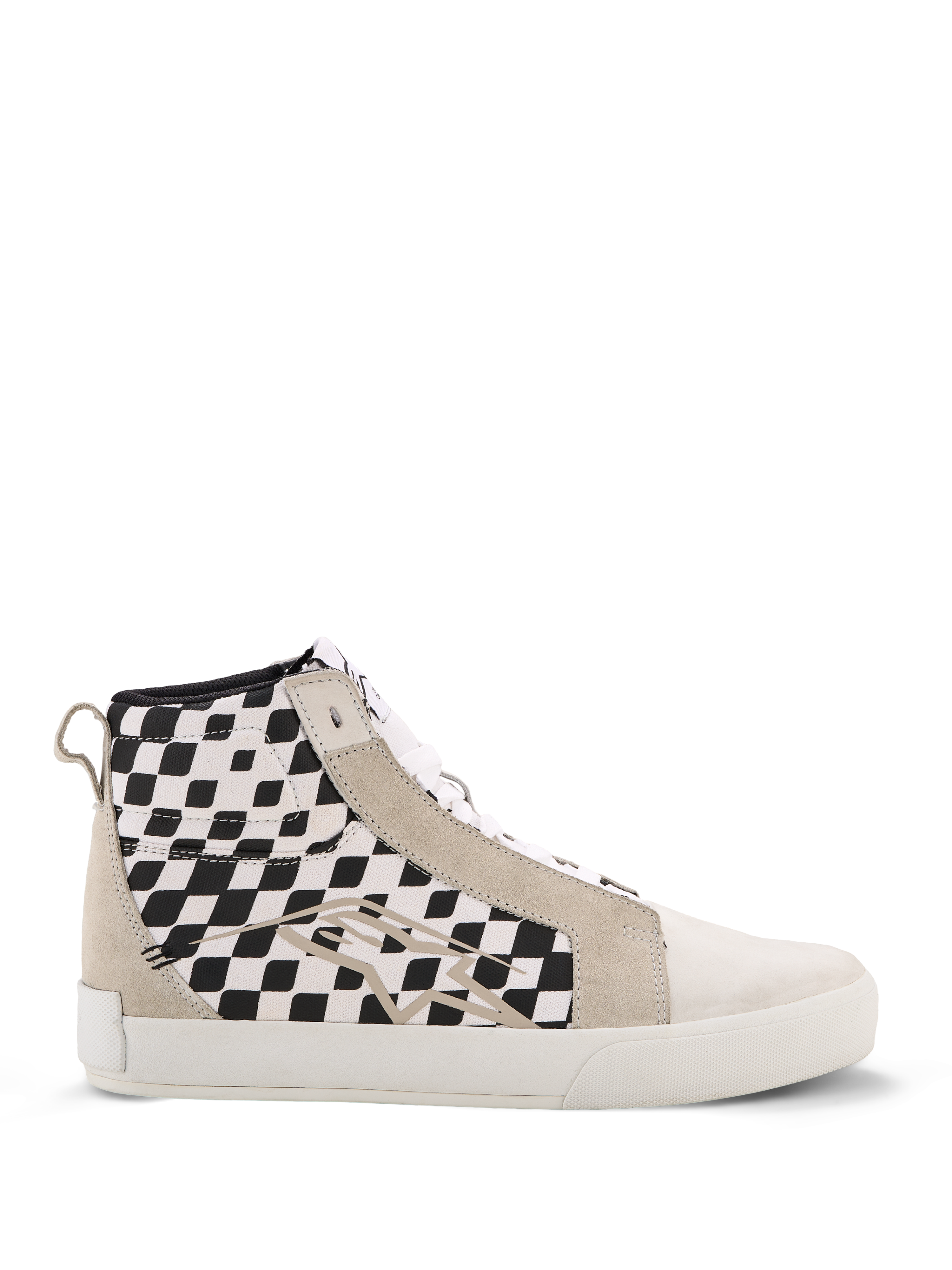 Alpinestars Ride-63 Canvas Shoes, sneaker alta da moto urbana, pannelli laterali a scacchi bianchi e neri, inserti in pelle scamosciata beige, suola vulcanizzata bianca, calzatura casual ispirata al motorsport
