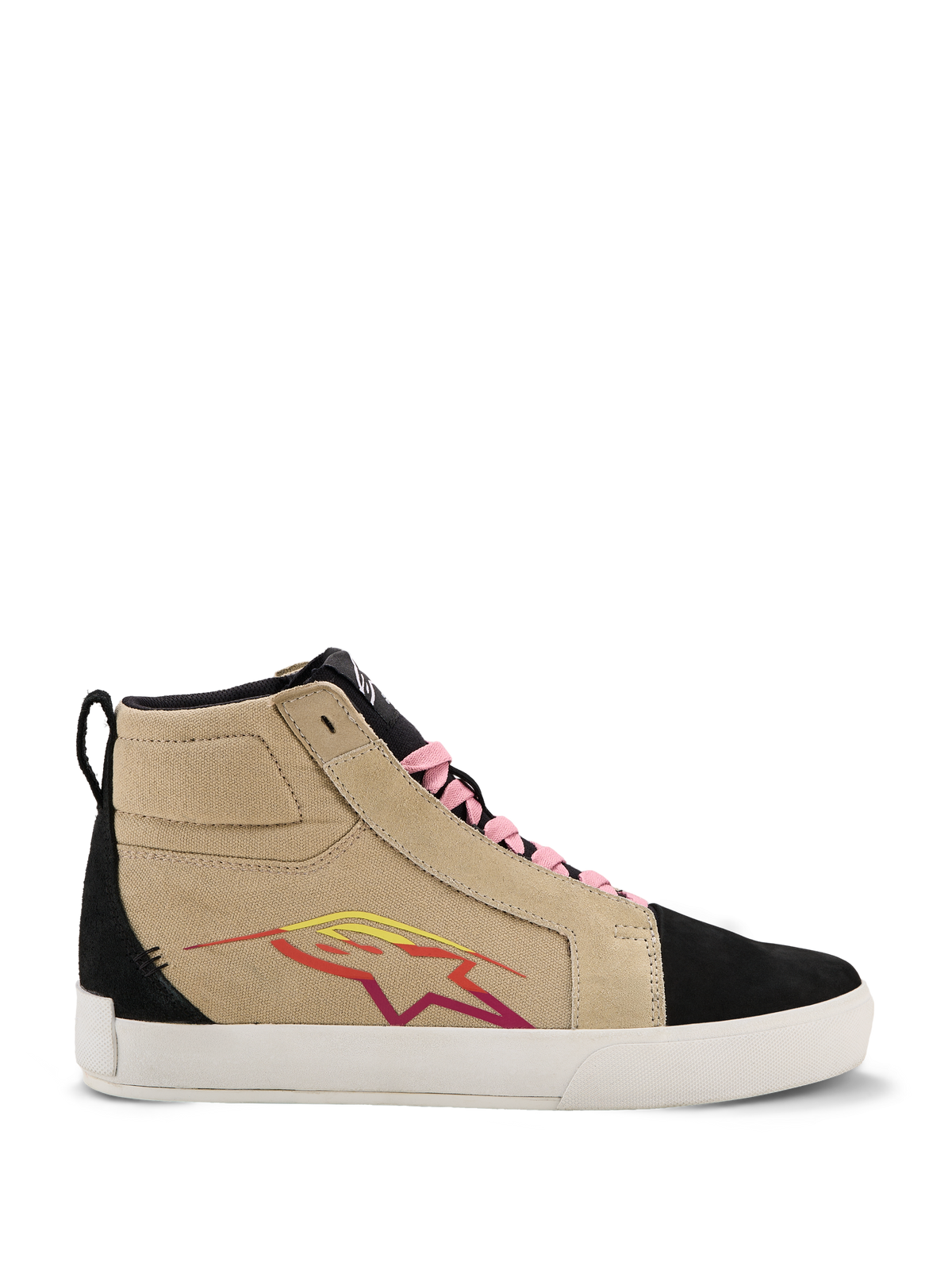 Alpinestars Ride-63 Canvas Shoes, sneaker alte, beige e nero con lacci rosa, suola bianca, logo a stella multicolore rosso e giallo, texture effetto scamosciato, calzature casual ispirate al motorsport